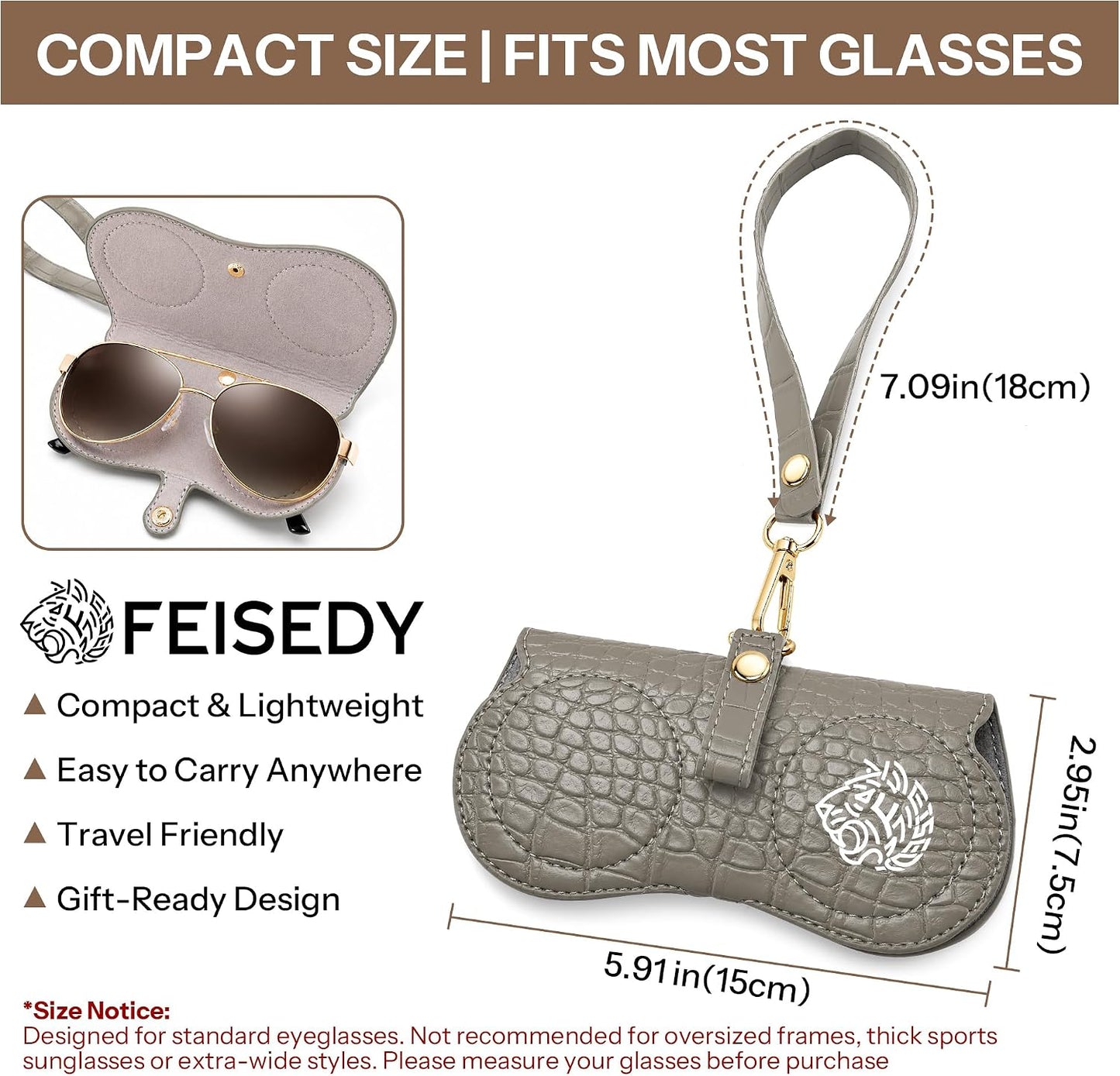 商品图片 32 | B0H4QTYMQP | FEISEDY Soft Crocodile Textured Leather Sunglass Bag, Portable Glasses Pouch With Button Clip Wrist Strap B0366