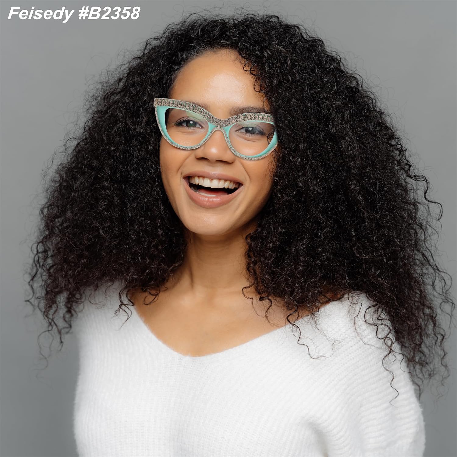 商品图片 24 | B0BLH5NHK8 | FEISEDY Diamond Blue Light Blocking Glasses Cat Eye Rhinestone Women Oversized Anti Eyestrain Computer Glasses Frame B2358