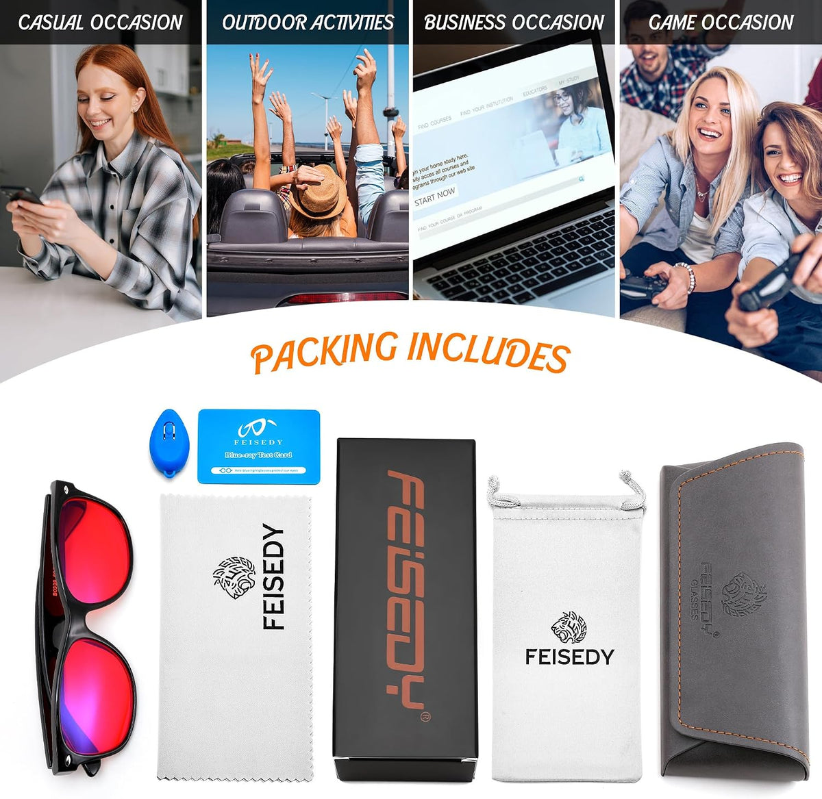 ÉÌƷͼƬ 24 | B0GK2PTMMH | FEISEDY Orange/Red Classic Blue Light Blocking Glasses for Women Men B0339