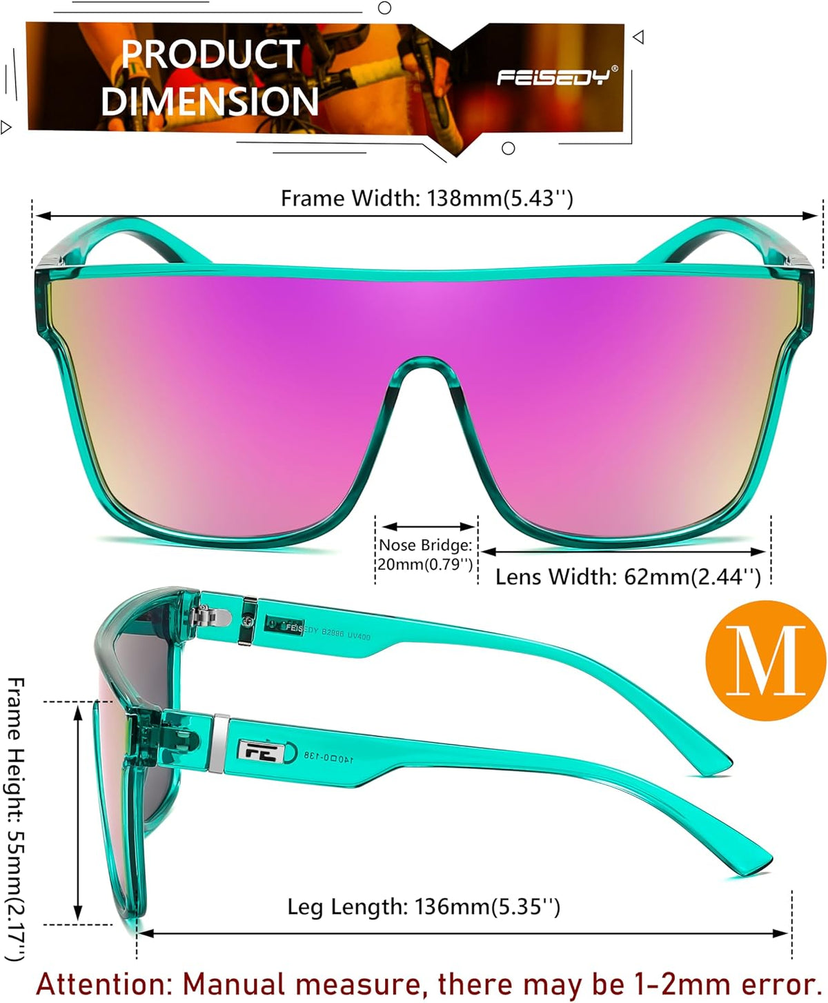 ÉÌƷͼƬ 75 | B0B2836HD6 | FEISEDY Sunglasses for Women Men, Fashion Mirrored Single Lens Shades