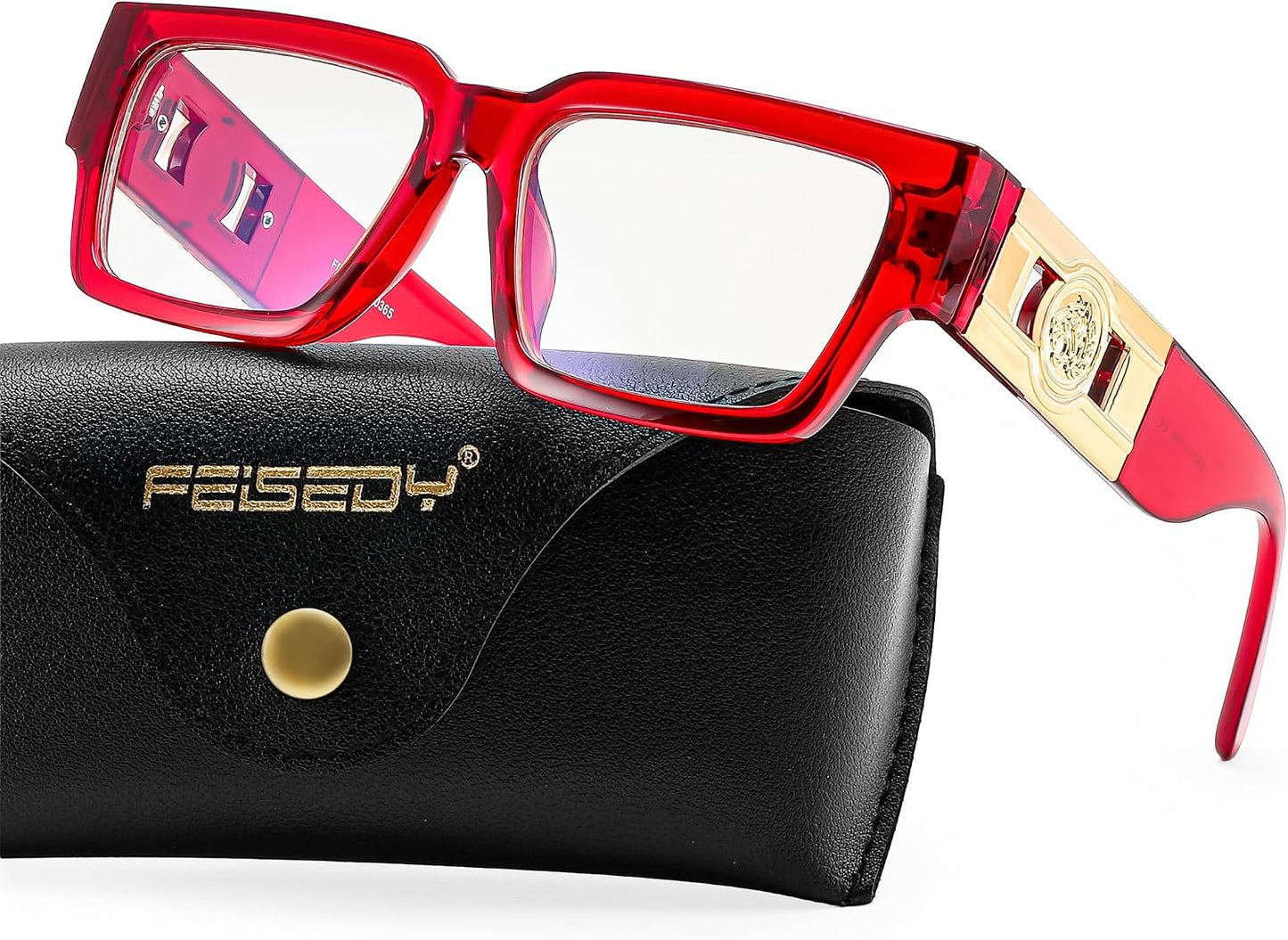 Transparent Red / 56 Millimeters | B0GR4BDK9C | FEISEDY Retro Trendy Rectangle Blue Light Glasses for Women Men B0365