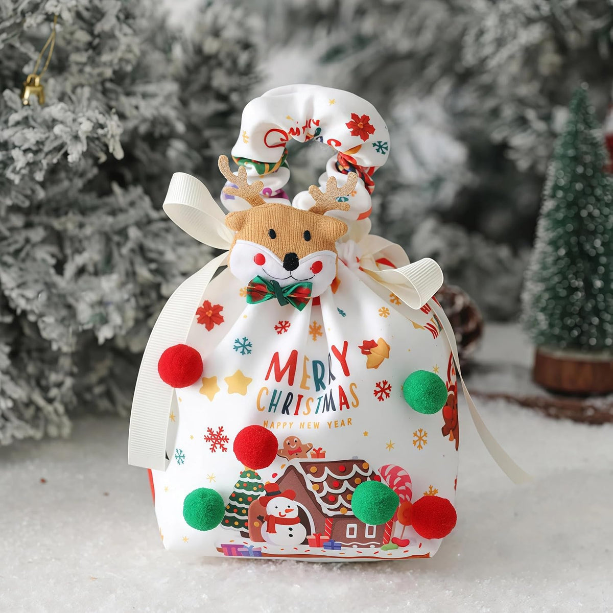 Christmas Small House+Elk Pendant | B0FYF4VMPJ | Fabric Christmas Bags with Plush Ball & Rag Doll, Gift Bags for Christmas Presents, Reusable Fabric Apple Pouch for Candy