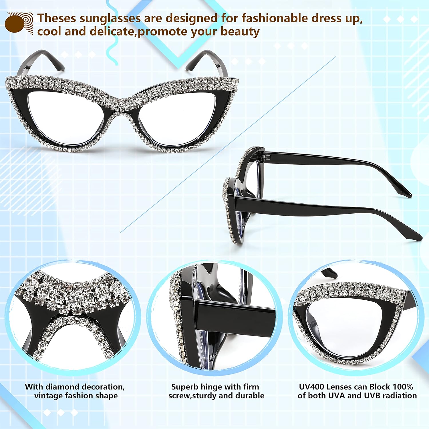 商品图片 18 | B0BLH5NHK8 | FEISEDY Diamond Blue Light Blocking Glasses Cat Eye Rhinestone Women Oversized Anti Eyestrain Computer Glasses Frame B2358