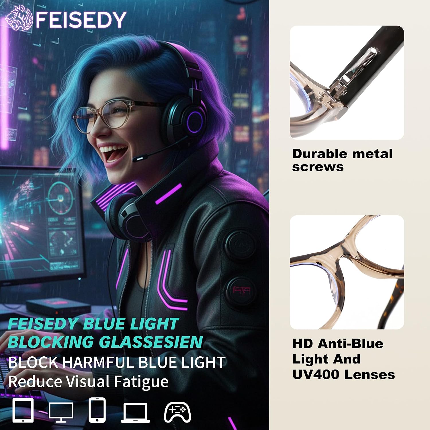 商品图片 23 | B0GV3QRRGW | FEISEDY Oval Cat Eye Blue Light Blocking Glasses for Women Clear Lens B0395