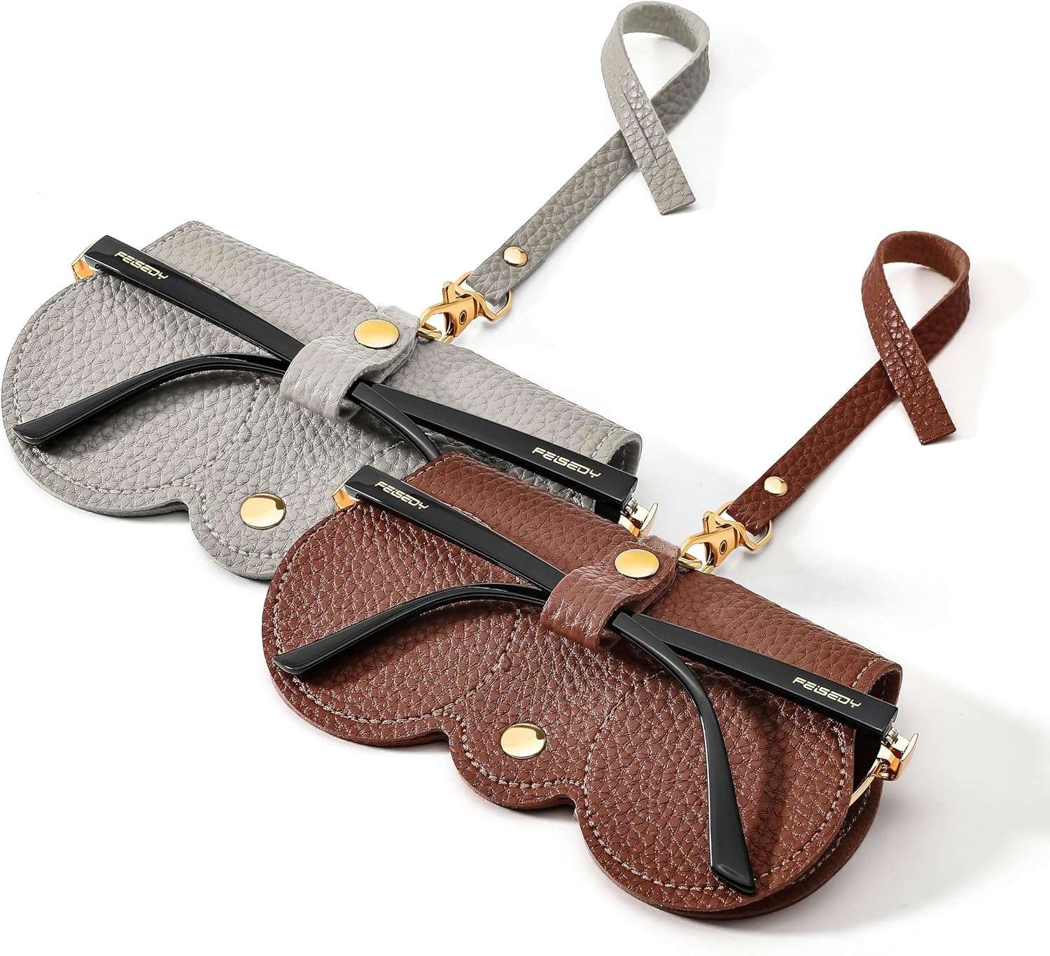 Grey + Brown | B0CFPW4N9R | FEISEDY 2Pack Soft Leather Sunglass Bag, Portable Holder Eyeglasses Case | Lightweight Portable Design, With Button Clip Wrist Strap for Travel Daily Use B0049