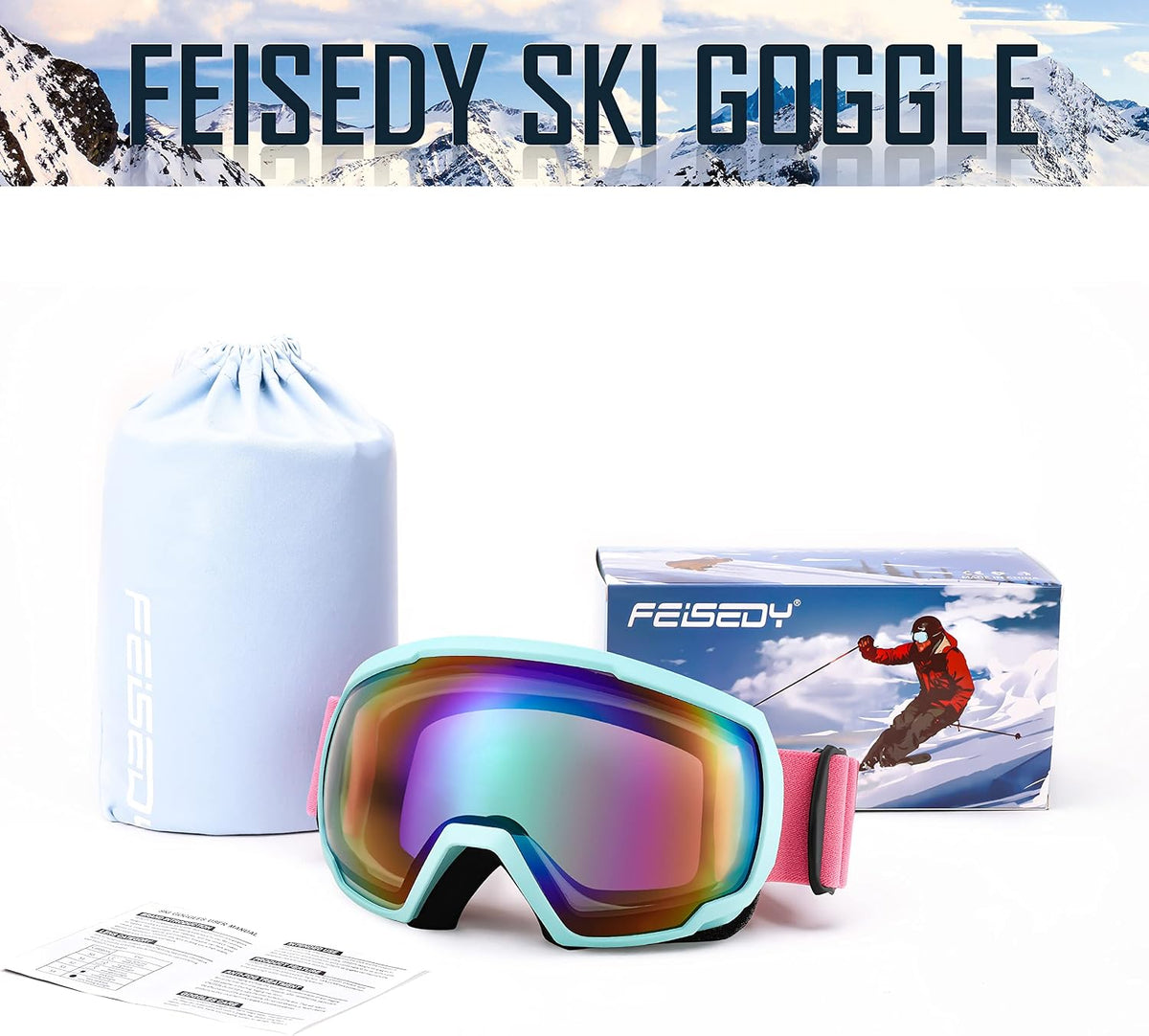 商品图片 33 | B0GHRB6WCQ | FEISEDY Ski Goggles, OTG Snow Sport Goggles for Adult Youth, Anti-Fog UV400 Protection Bendable Dual-Lenses B2961
