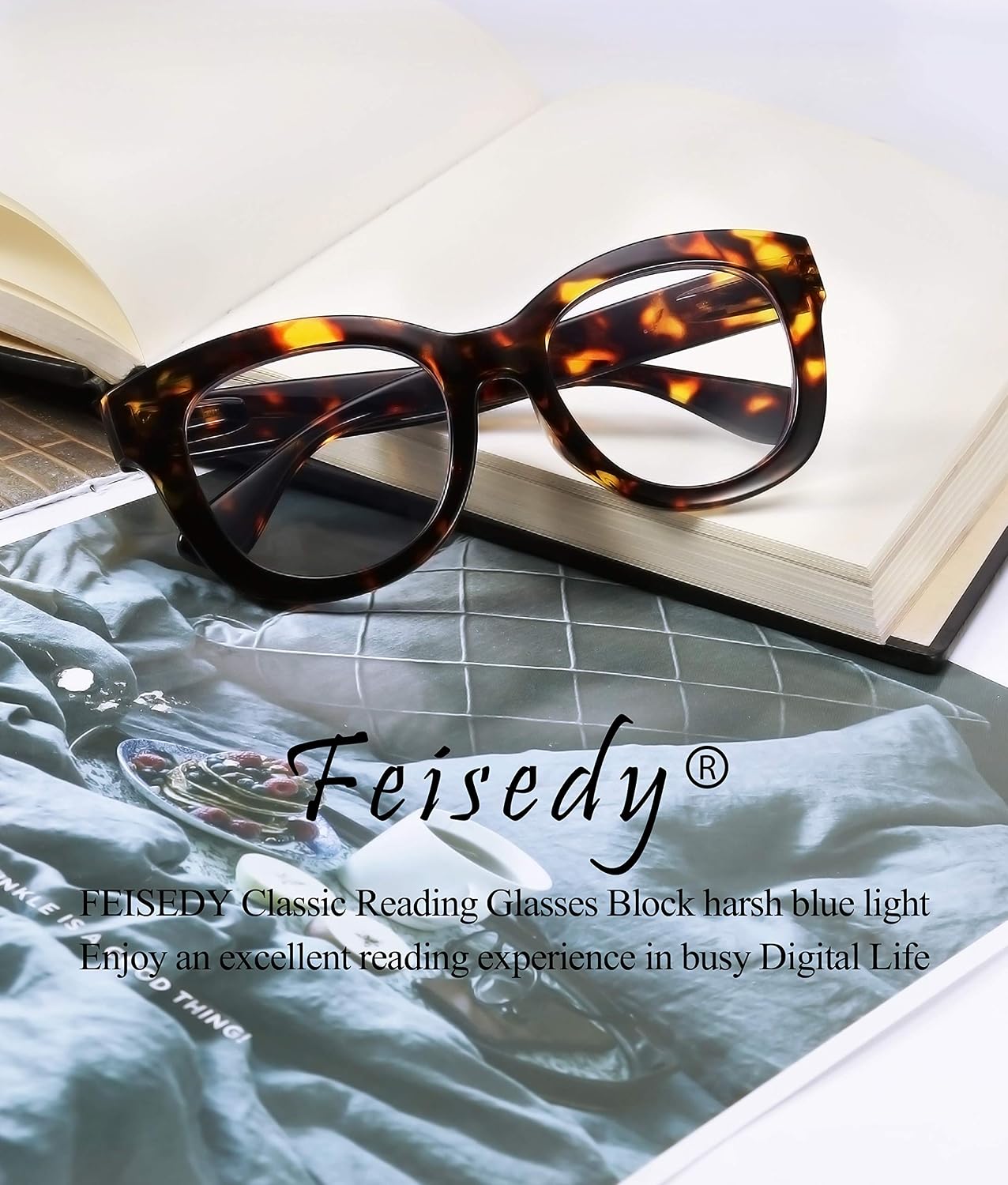 商品图片 20 | B082SVW71F | FEISEDY Retro Reading Glasses Thick Square Big Frame Blue Light Blocking Lens Anti Glare Digital Eyestrain B2534
