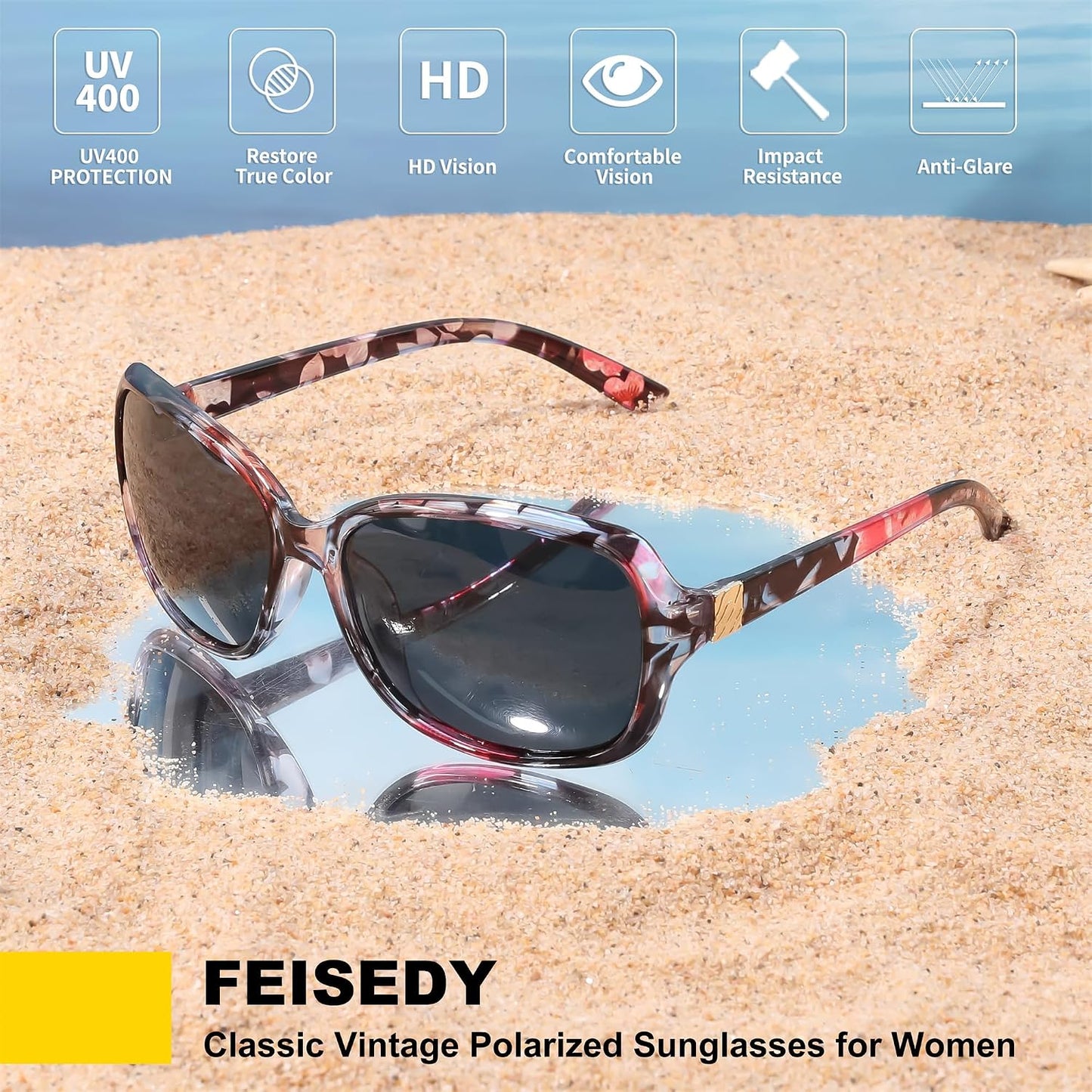 商品图片 14 | B0FZKDK786 | FEISEDY Polarized Sunglasses for Women Classic Vintage UV400 Shade | Trendy Square Wraparound Ladies Sun Glasses B0309