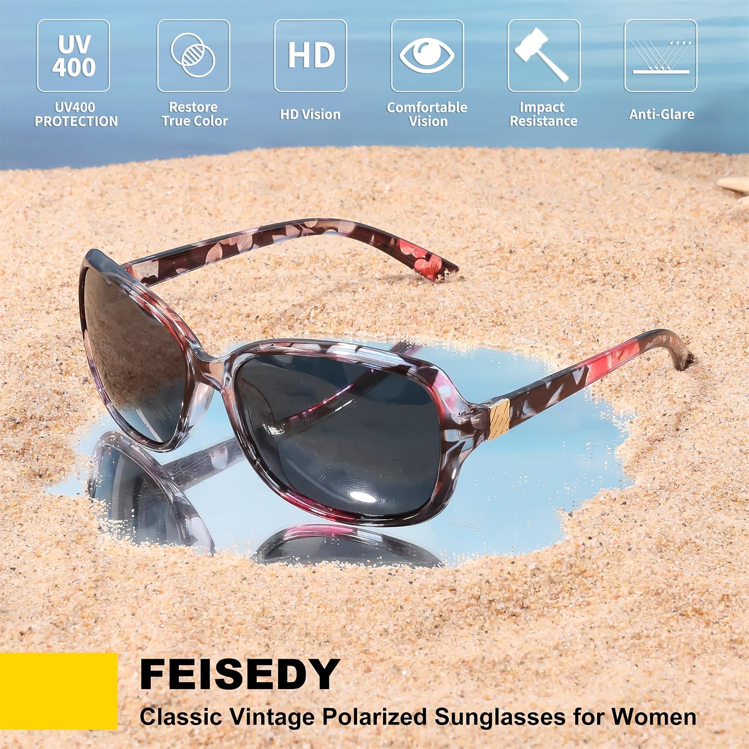 商品图片 14 | B0FZKDK786 | FEISEDY Polarized Sunglasses for Women Classic Vintage UV400 Shade | Trendy Square Wraparound Ladies Sun Glasses B0309