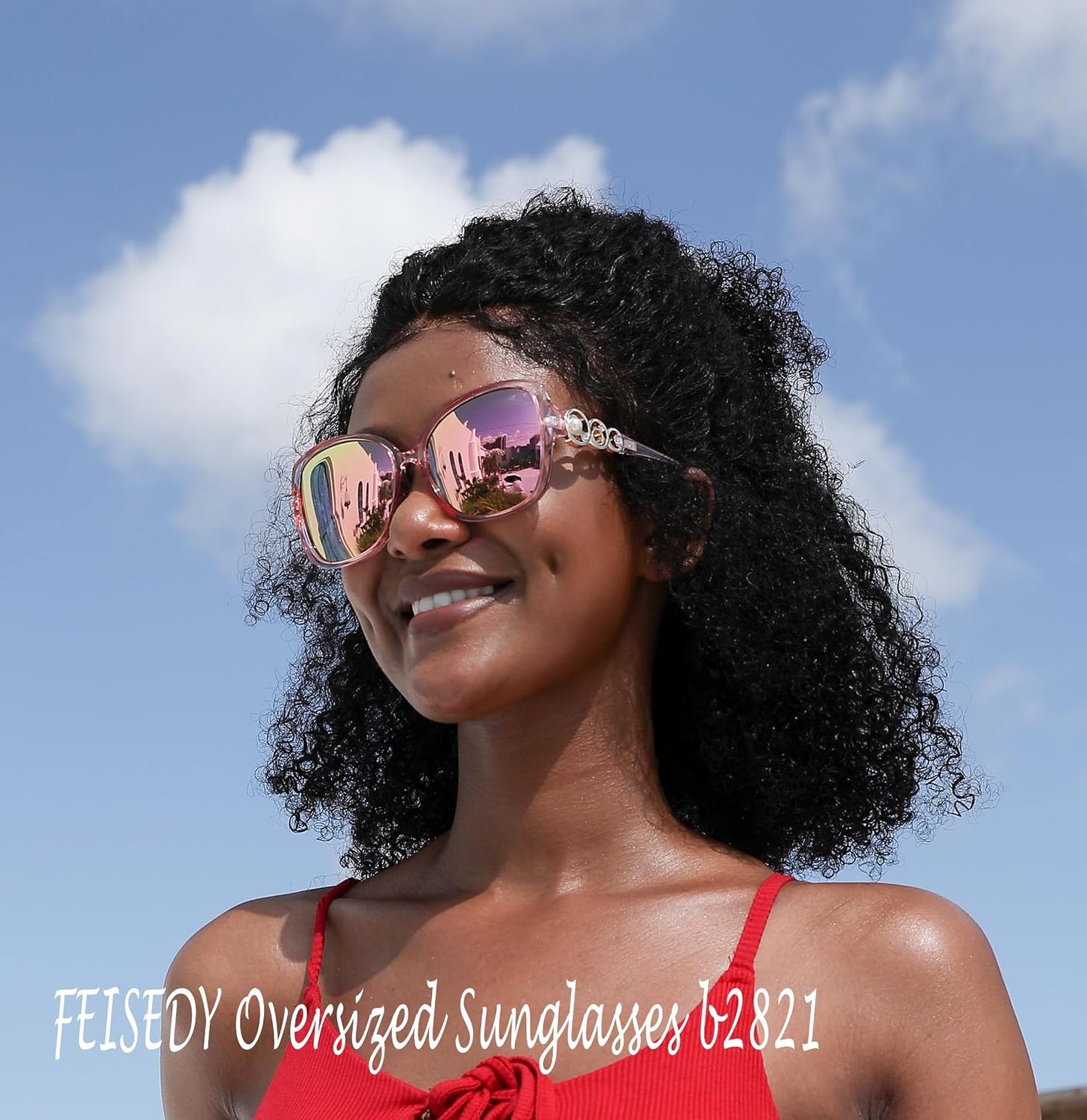 商品图片 26 | B0BJ71VZCB | FEISEDY Women's Fashion Sunglasses, Oversized Square Frame with Pearl Sparkling, Polarized UV Protection B2821