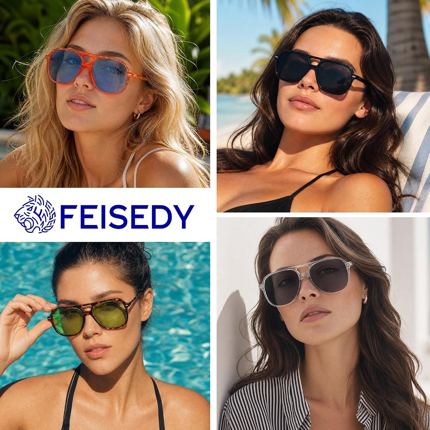 商品图片 4 | B0H1WCGC42 | FEISEDY Retro Square Aviator Sunglasses Women Men Double Bridge B0443