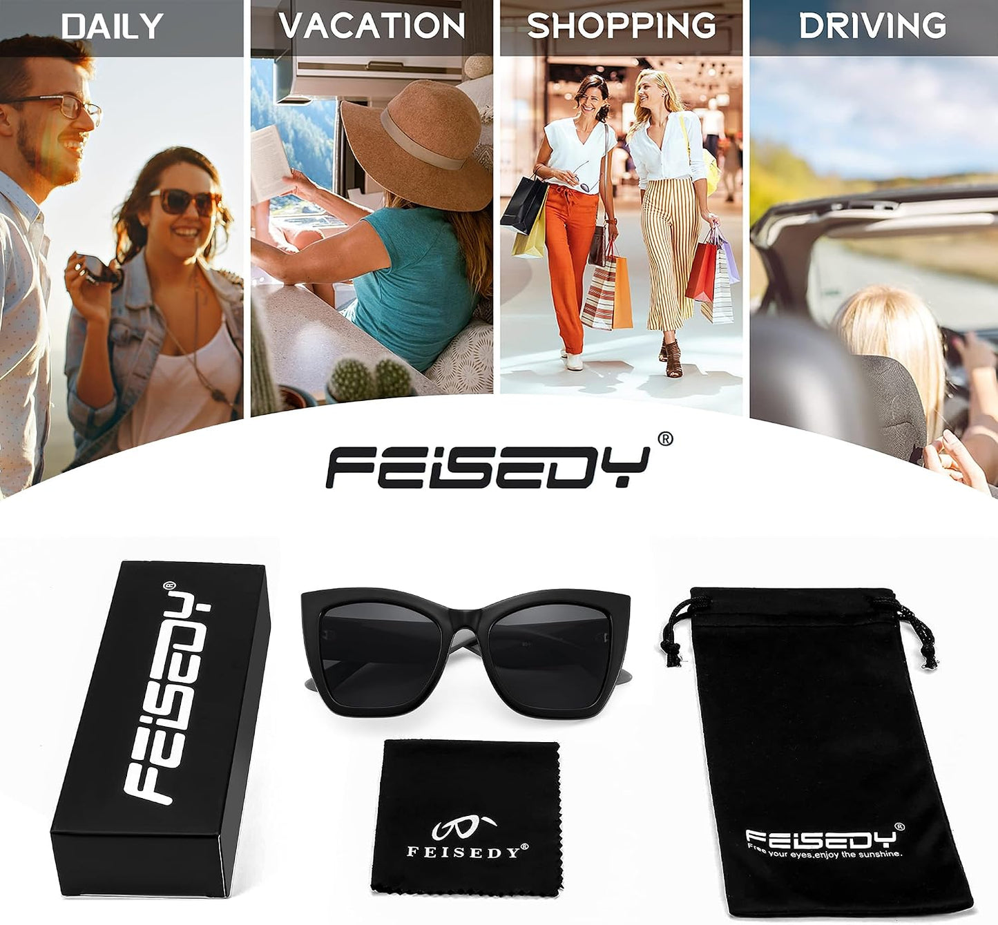 商品图片 6 | B0CPDD4FHG | FEISEDY Oversized Cat Eye Sunglasses for Women Trendy Square Cateye Sunglasses B0094