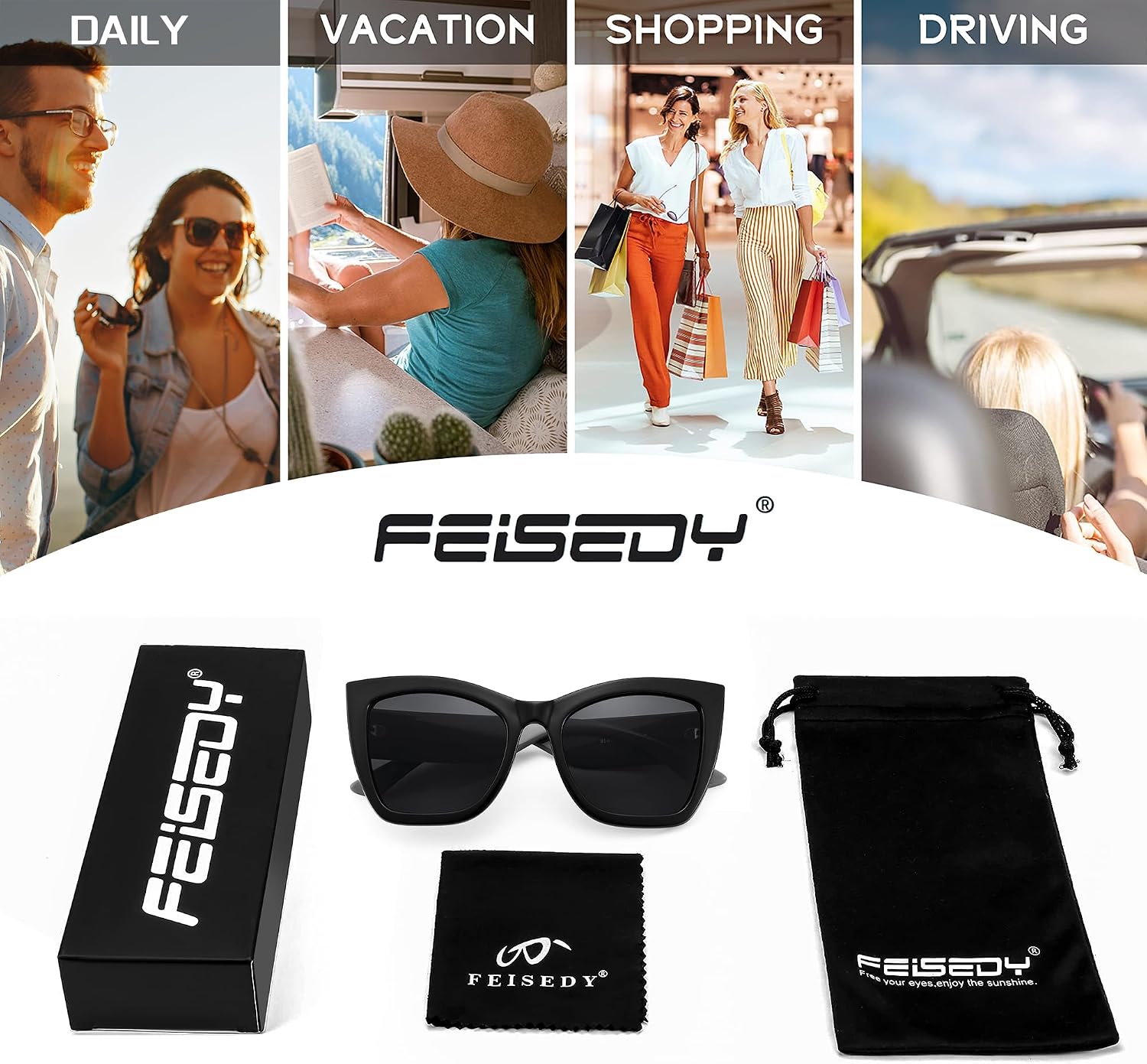 商品图片 6 | B0CPDD4FHG | FEISEDY Oversized Cat Eye Sunglasses for Women Trendy Square Cateye Sunglasses B0094