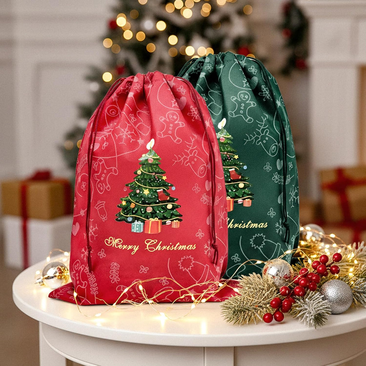 商品图片 7 | B0FNM9L51G | Christmas Drawstring Gift Bags Festive Tree Pattern Christmas, Dust Bag for Parties, Decorations Daily Storage