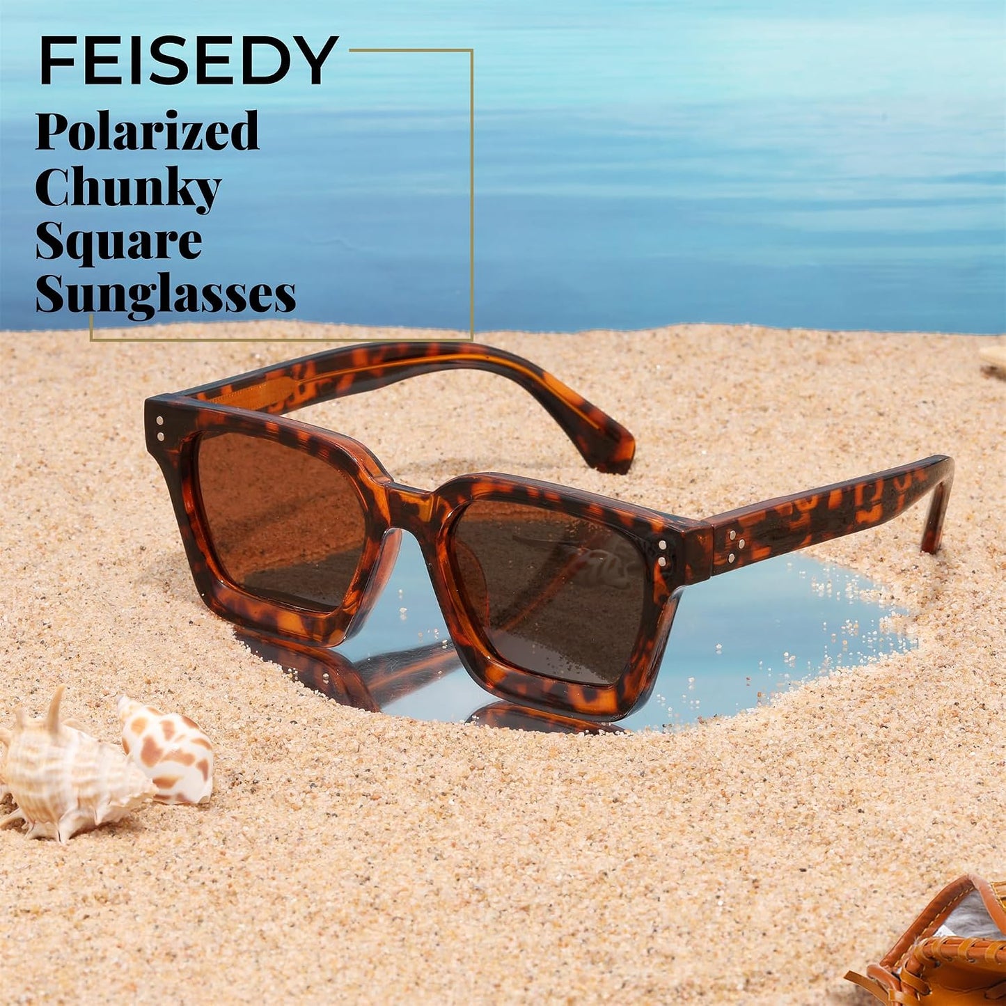 商品图片 22 | B0C9J9VMJL | FEISEDY Sunglasses Men Women Polarized, Chunky Square Thick Frame, Rectangle UV400 Shade Sun Glasses B2396