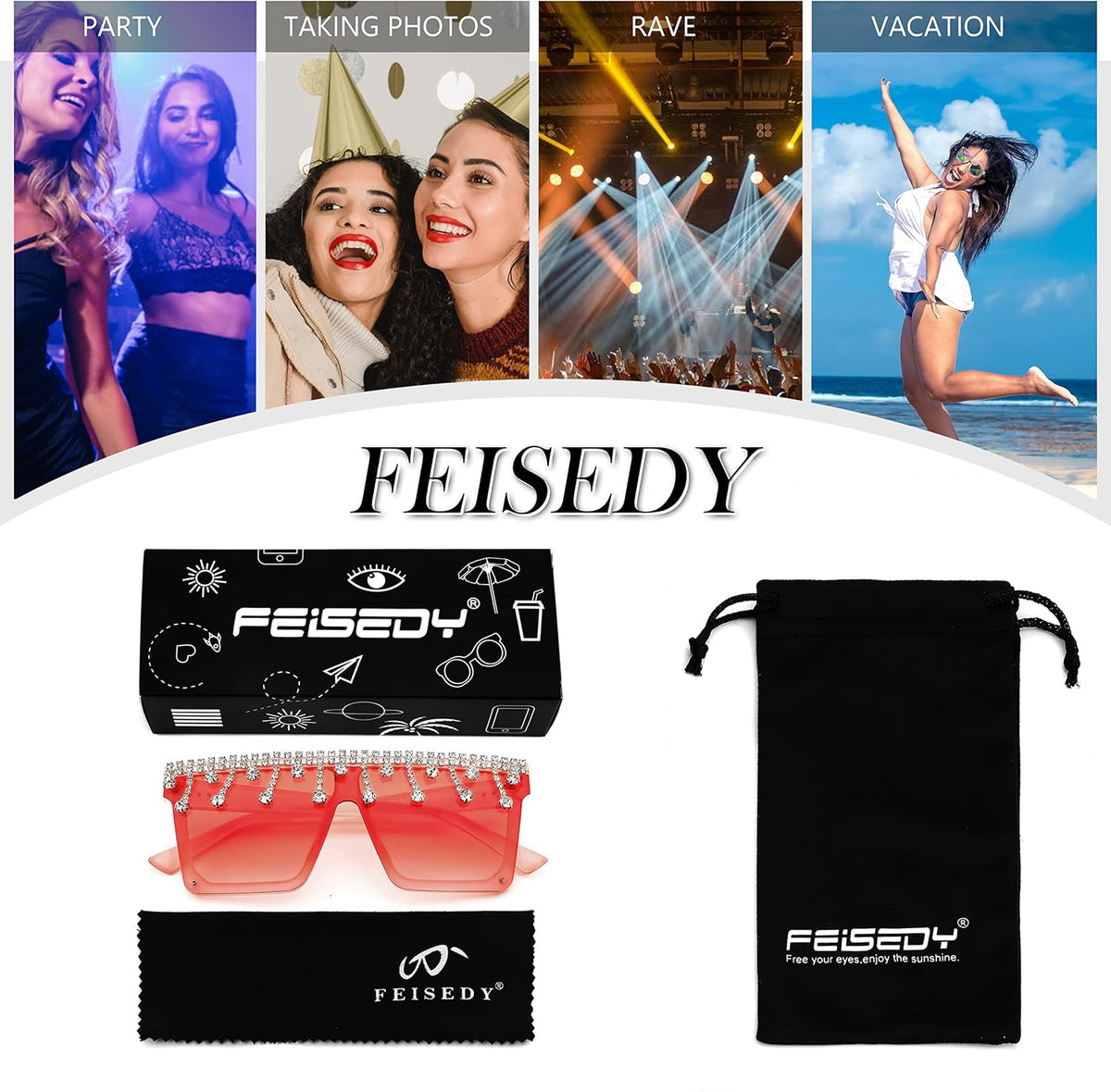 ÉÌƷͼƬ 4 | B0BKRG4KXC | FEISEDY Oversized Square Trendy Sunglasses Womens Crystal Tassels Sparkling Shades Flat Top Visor B2976