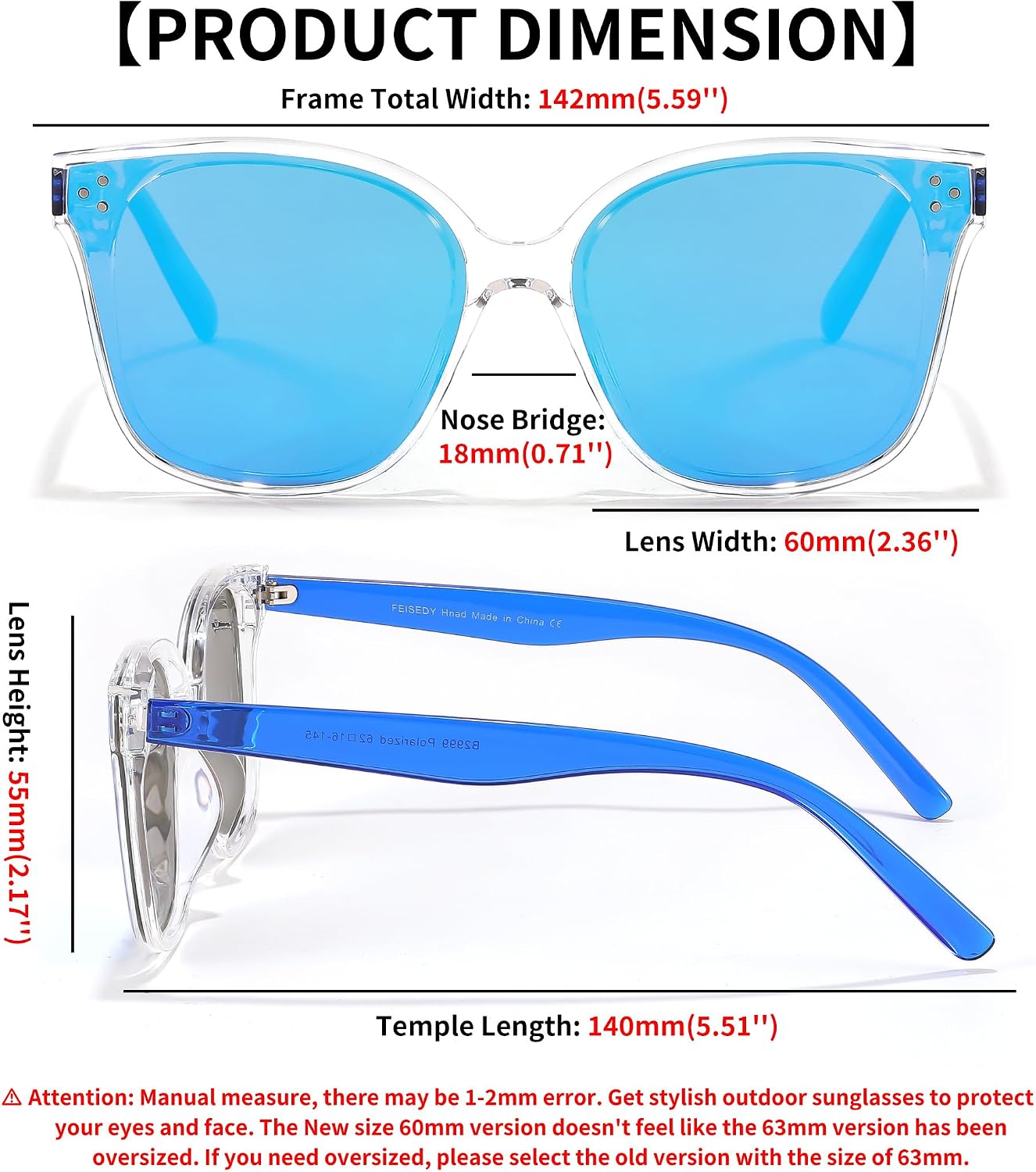 商品图片 80 | B0871BKMTN | FEISEDY Oversized Polarized Sunglasses - UV400 Protection, Square Fashion Sun Glasses for Outdoor & Daily B2600