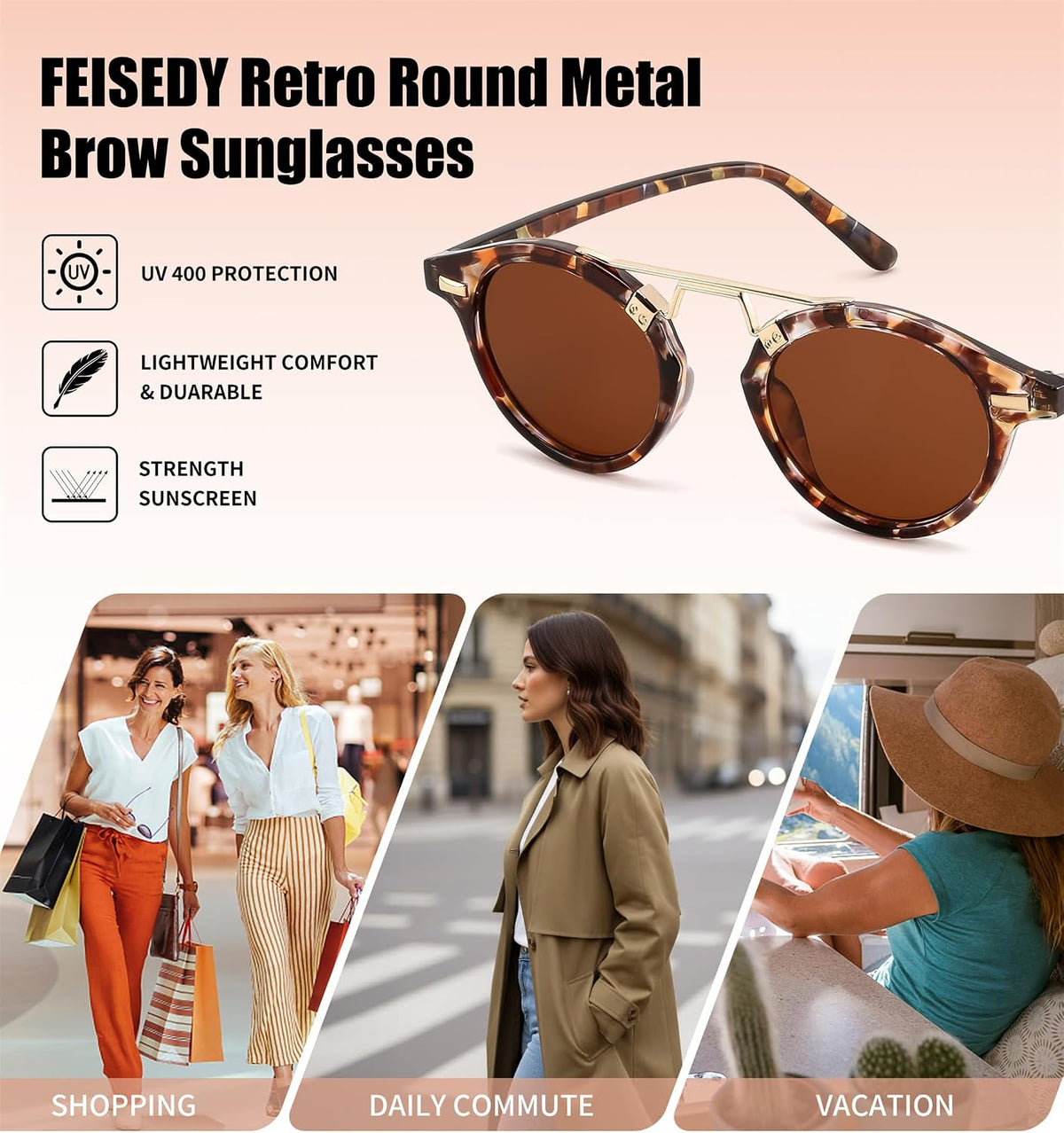 ÉÌƷͼƬ 4 | B0GX62YR7C | FEISEDY Retro Round Metal Brow Sunglasses for Women for Small Face B0427