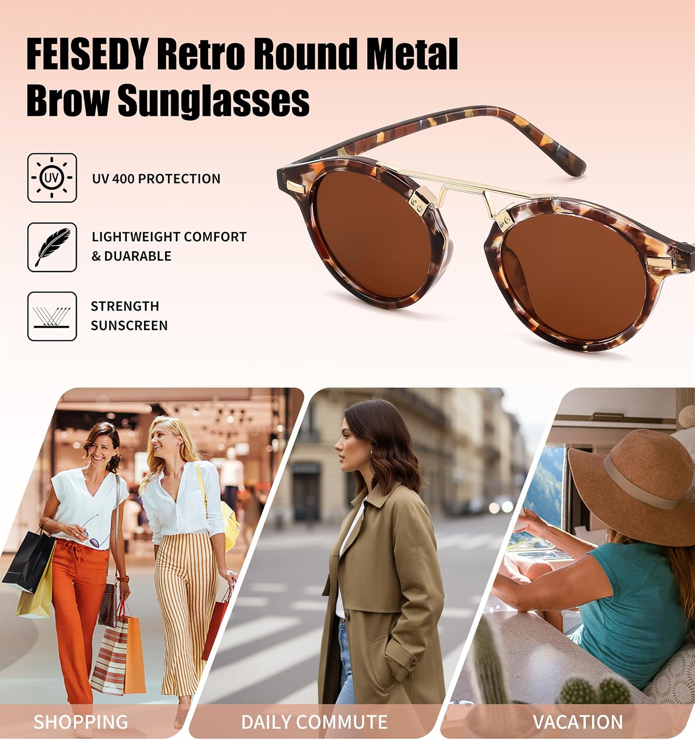 商品图片 4 | B0GX62YR7C | FEISEDY Retro Round Metal Brow Sunglasses for Women for Small Face B0427