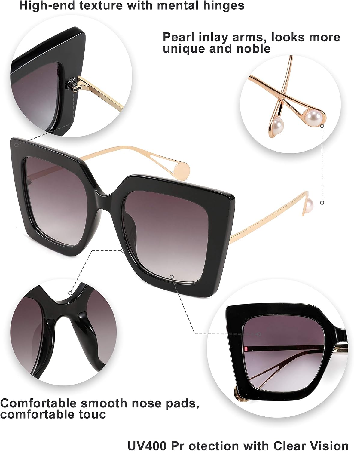 商品图片 96 | B08HVPGJW5 | FEISEDY Sunglasses Womens Trendy, Oversized Square Shades, Pearl Inlay Cat Eye Frame UV400 Protection B2625