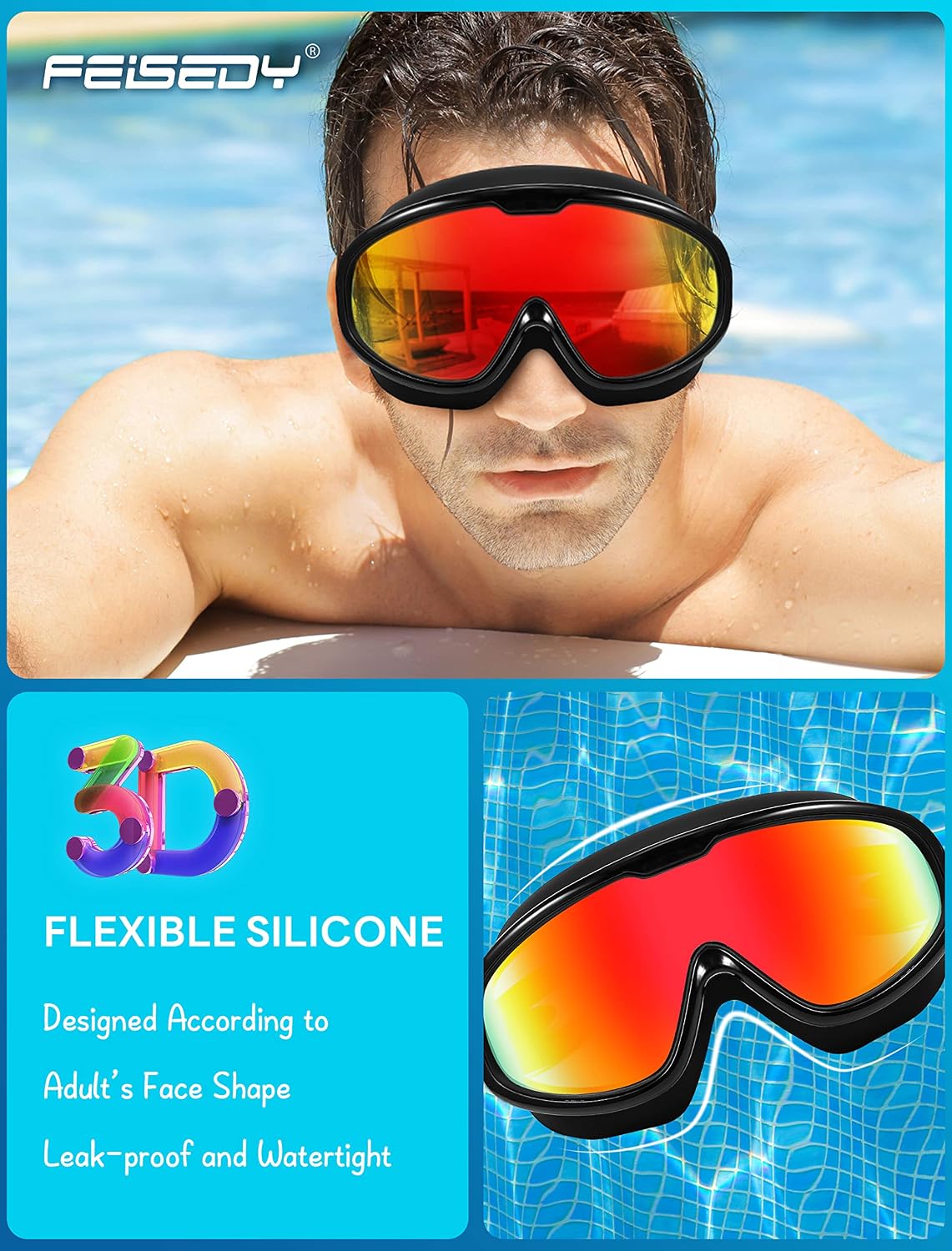 商品图片 2 | B0BWF3RZK7 | FEISEDY Swim Goggles No Leaking Anti-Fog Pool Goggles Swimming Goggles Adult Men Women Youth, 180° Clear Vision UV400 B2389
