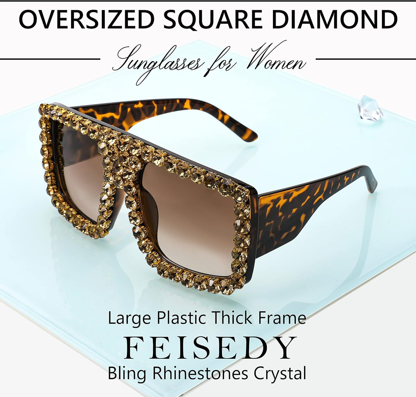 商品图片 4 | B09YHJ846J | FEISEDY Square Diamond Sunglasses for Women Retro Fashion Shiny Rhinestone Sun Glasses B2916