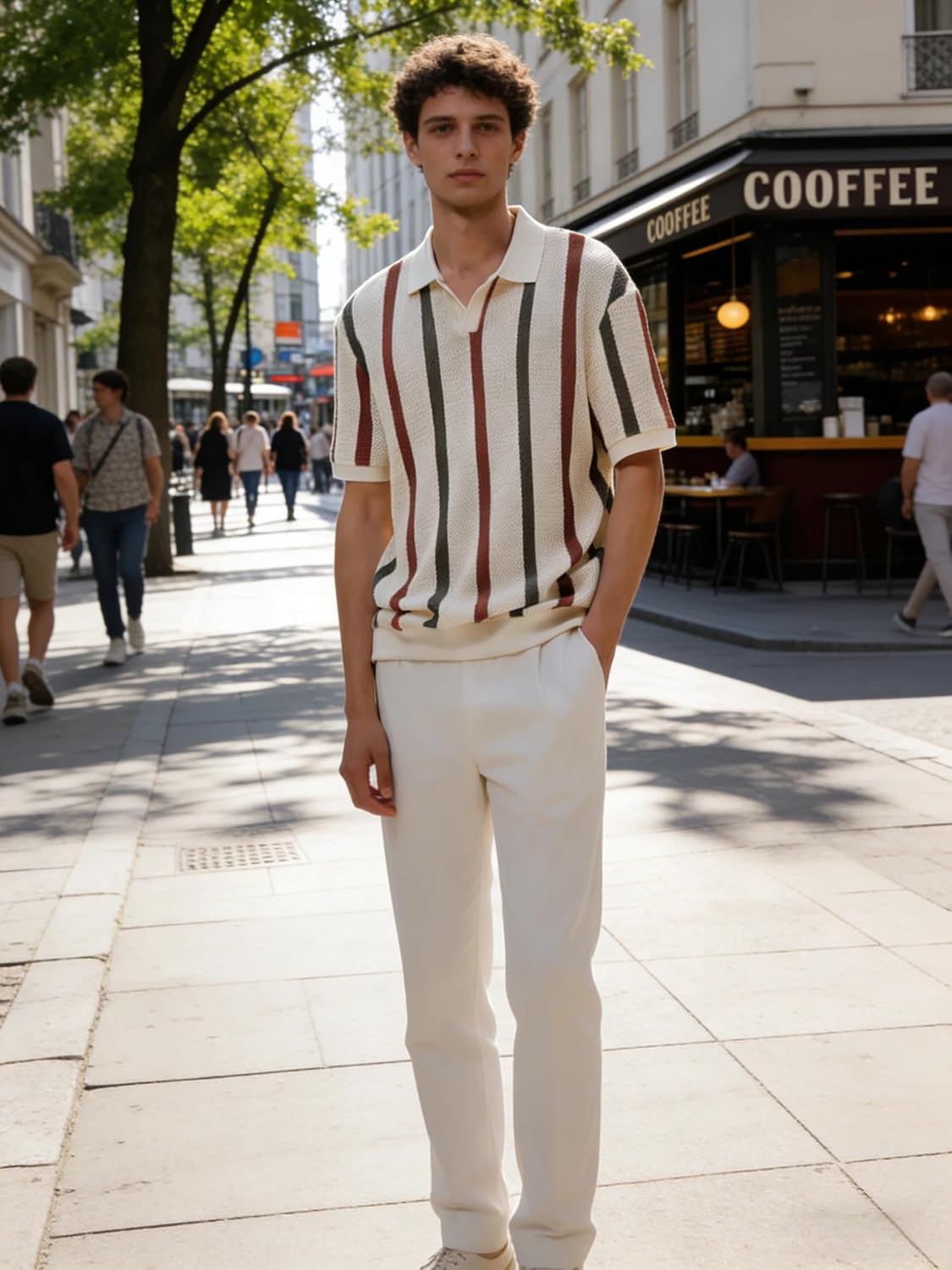 商品图片 6 | B0GF1QQM1S | Striped Short Sleeve Shirt for Men, Collar Without Buckle, Ventilate Knit Mesh Retro Polo Top, Summer Casual Style
