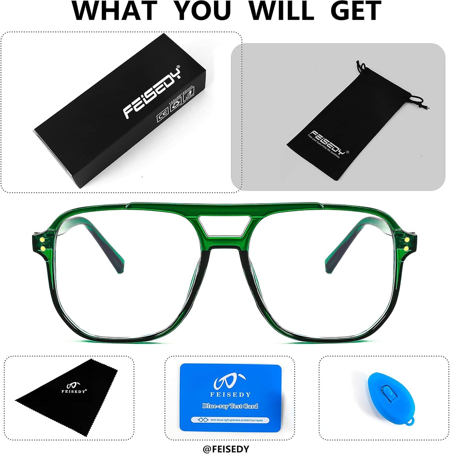 商品图片 15 | B0FWXP3HKW | FEISEDY Fashion Aviator Blue Light Reading Glasses for Woman Men B0318 | Square Pilot Computer Glasses, Anti Eyestrain Glare Readers