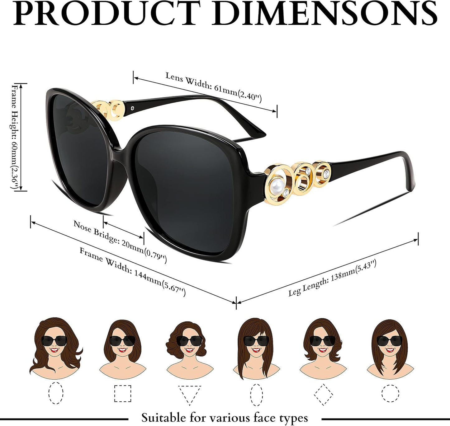 商品图片 6 | B0BJ71VZCB | FEISEDY Women's Fashion Sunglasses, Oversized Square Frame with Pearl Sparkling, Polarized UV Protection B2821
