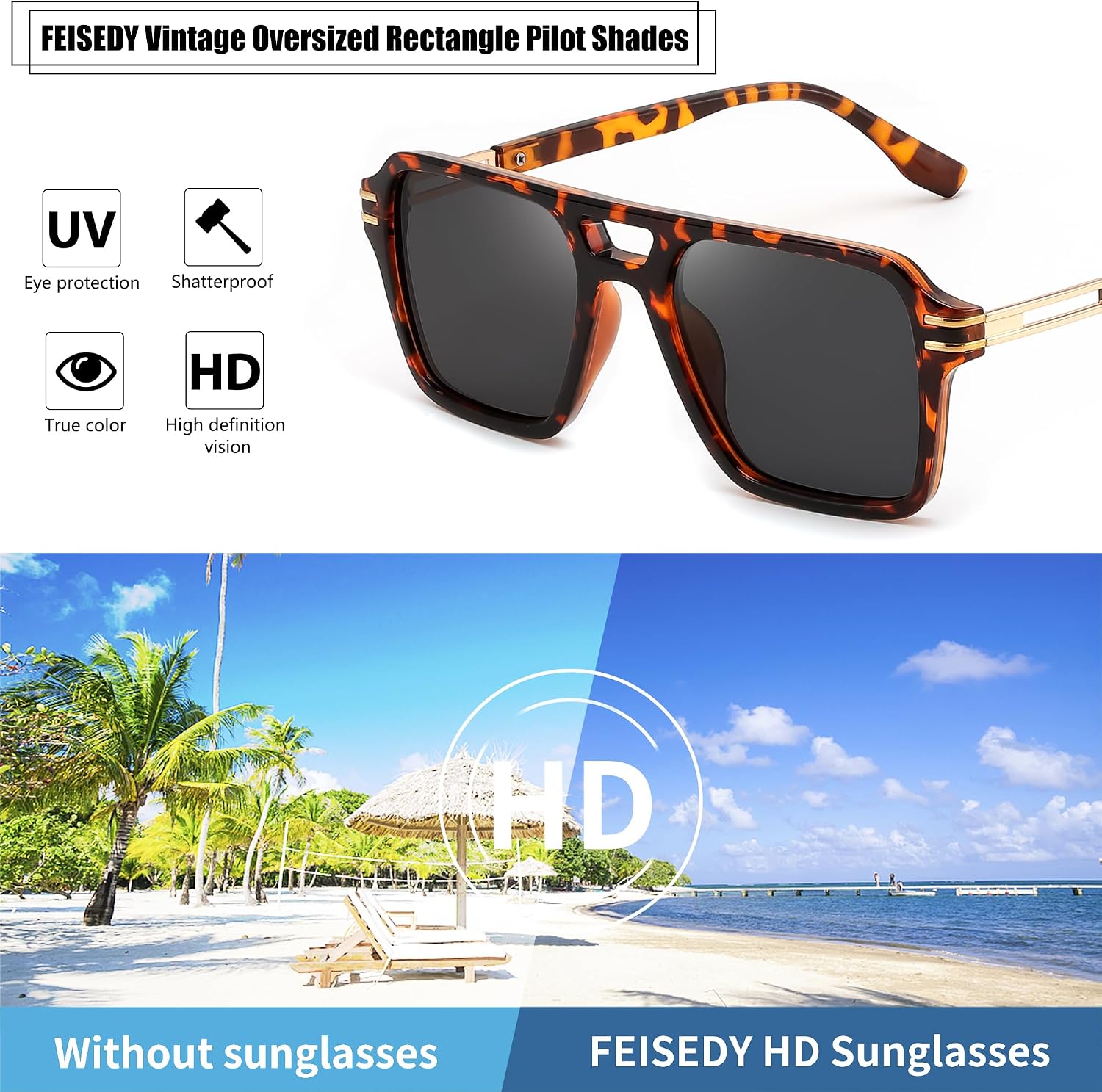 商品图片 22 | B0GVNPDBZQ | FEISEDY Retro Aviator Sunglasses Women Men 70s Trendy Square Shades B0422