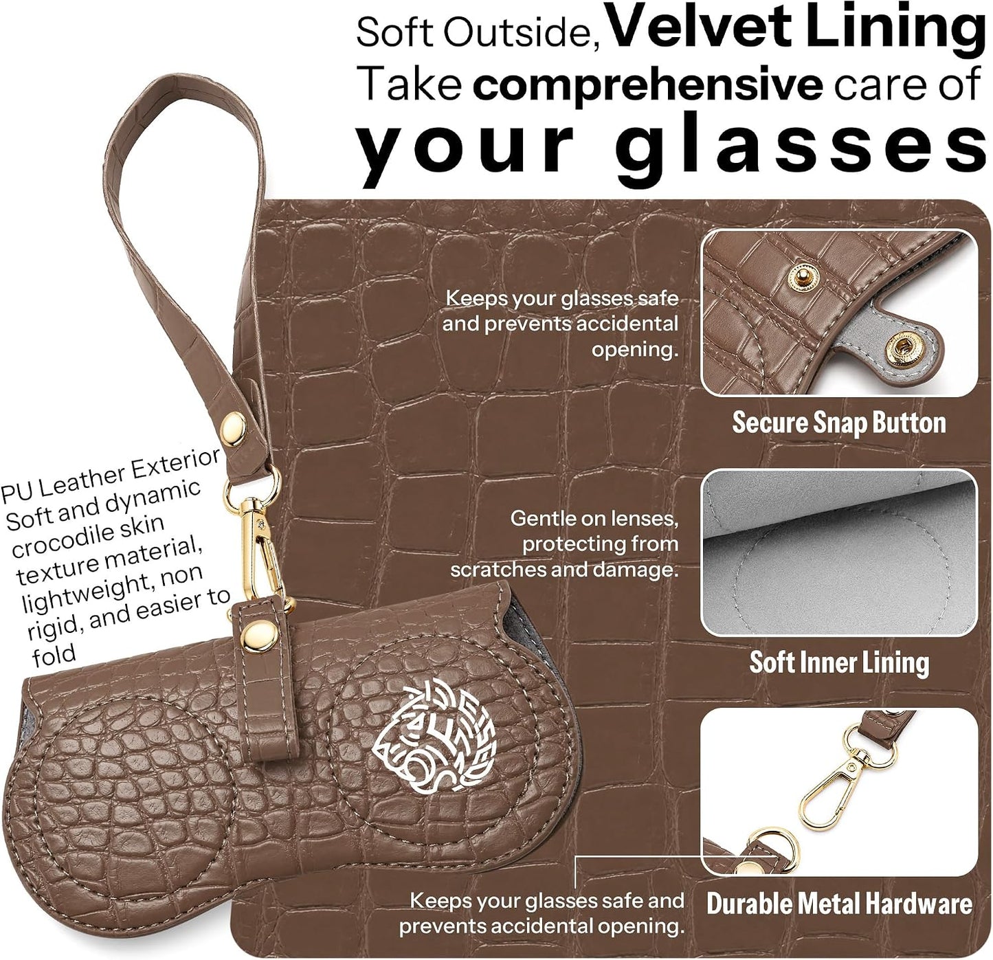 商品图片 4 | B0H4QTYMQP | FEISEDY Soft Crocodile Textured Leather Sunglass Bag, Portable Glasses Pouch With Button Clip Wrist Strap B0366