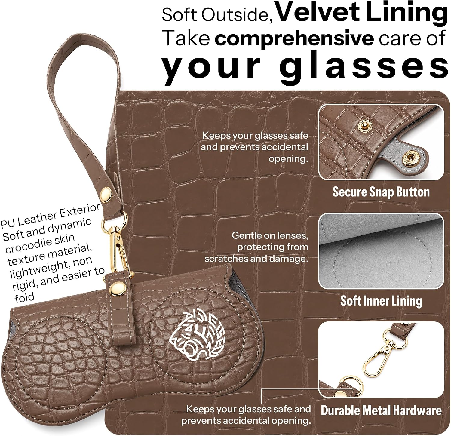 商品图片 4 | B0H4QTYMQP | FEISEDY Soft Crocodile Textured Leather Sunglass Bag, Portable Glasses Pouch With Button Clip Wrist Strap B0366