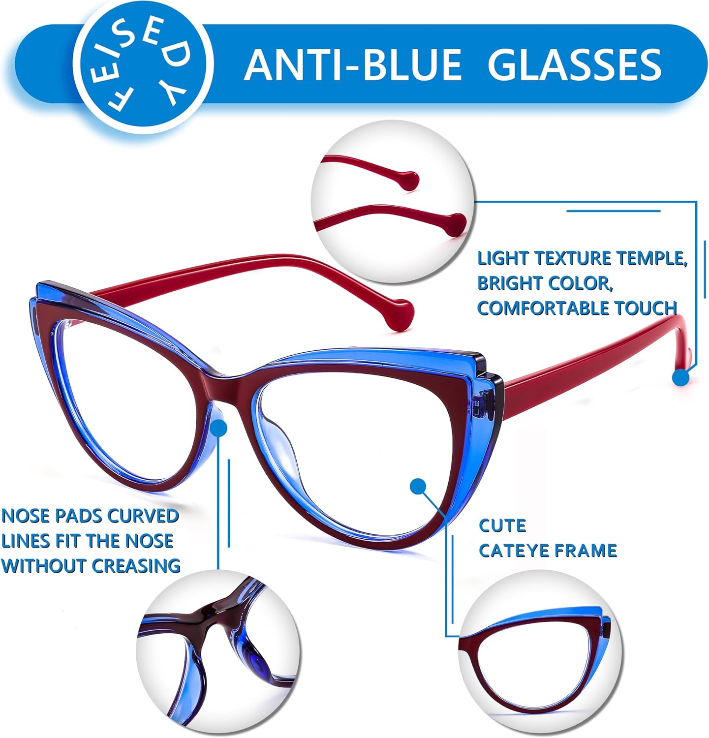 商品图片 4 | B0CGNLZQFZ | FEISEDY Women Cateye Blue Light Blocking Glasses Fake Nerd Clear Computer Eyewear TR Fashion Frame B0040