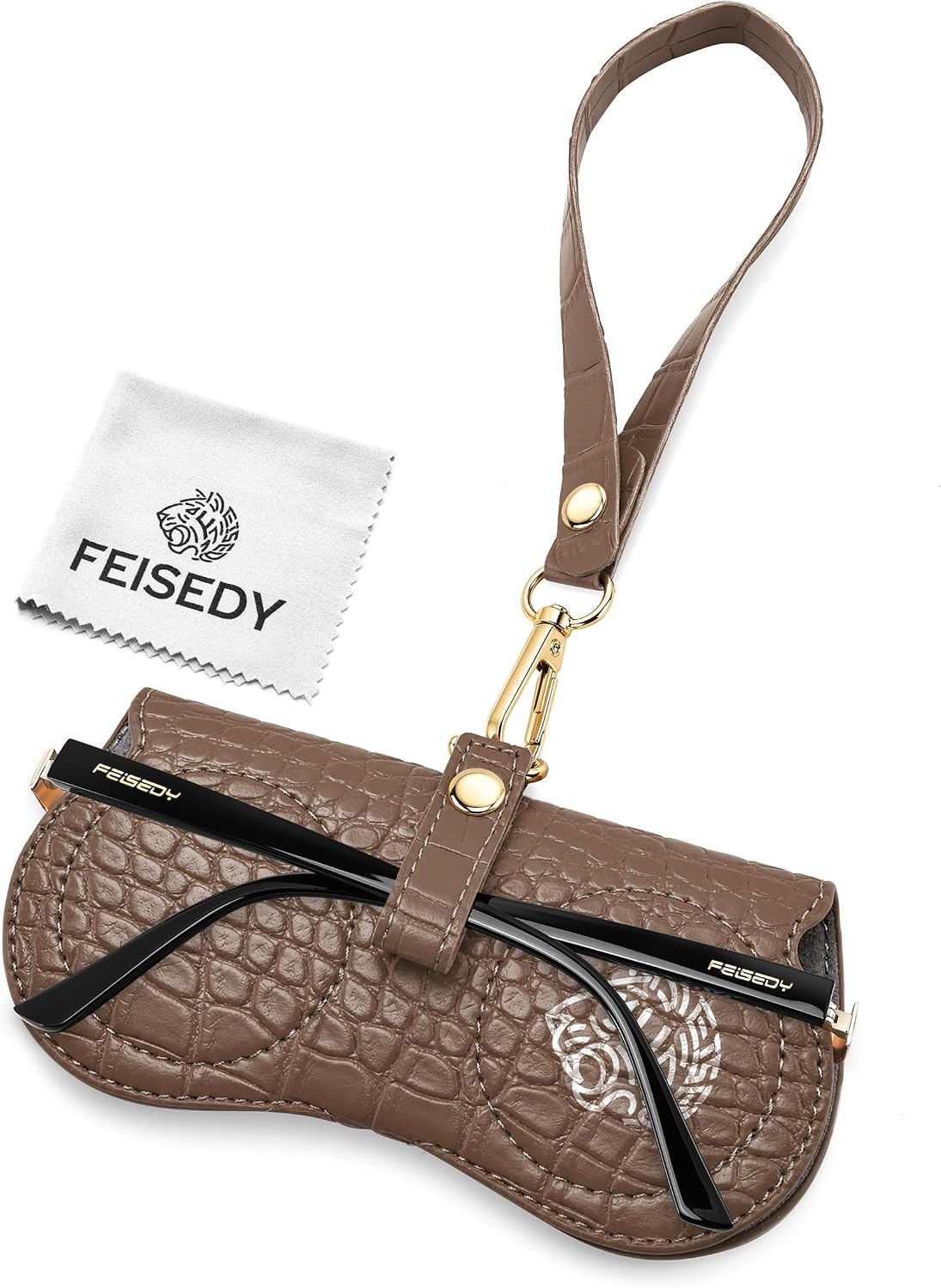 Camel | B0H4QTYMQP | FEISEDY Soft Crocodile Textured Leather Sunglass Bag, Portable Glasses Pouch With Button Clip Wrist Strap B0366