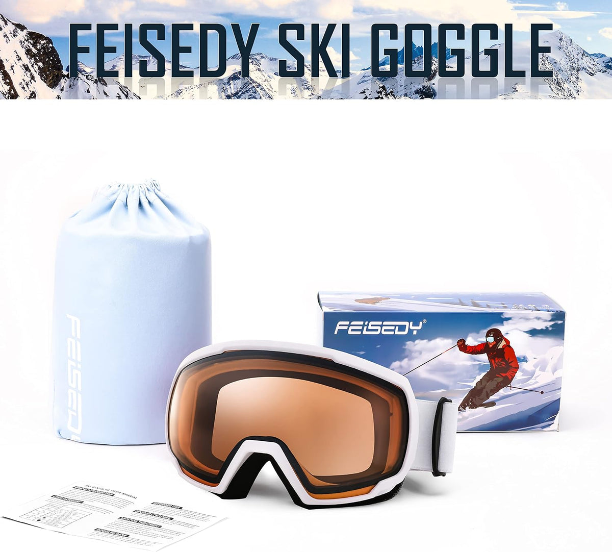 商品图片 39 | B0GHRB6WCQ | FEISEDY Ski Goggles, OTG Snow Sport Goggles for Adult Youth, Anti-Fog UV400 Protection Bendable Dual-Lenses B2961