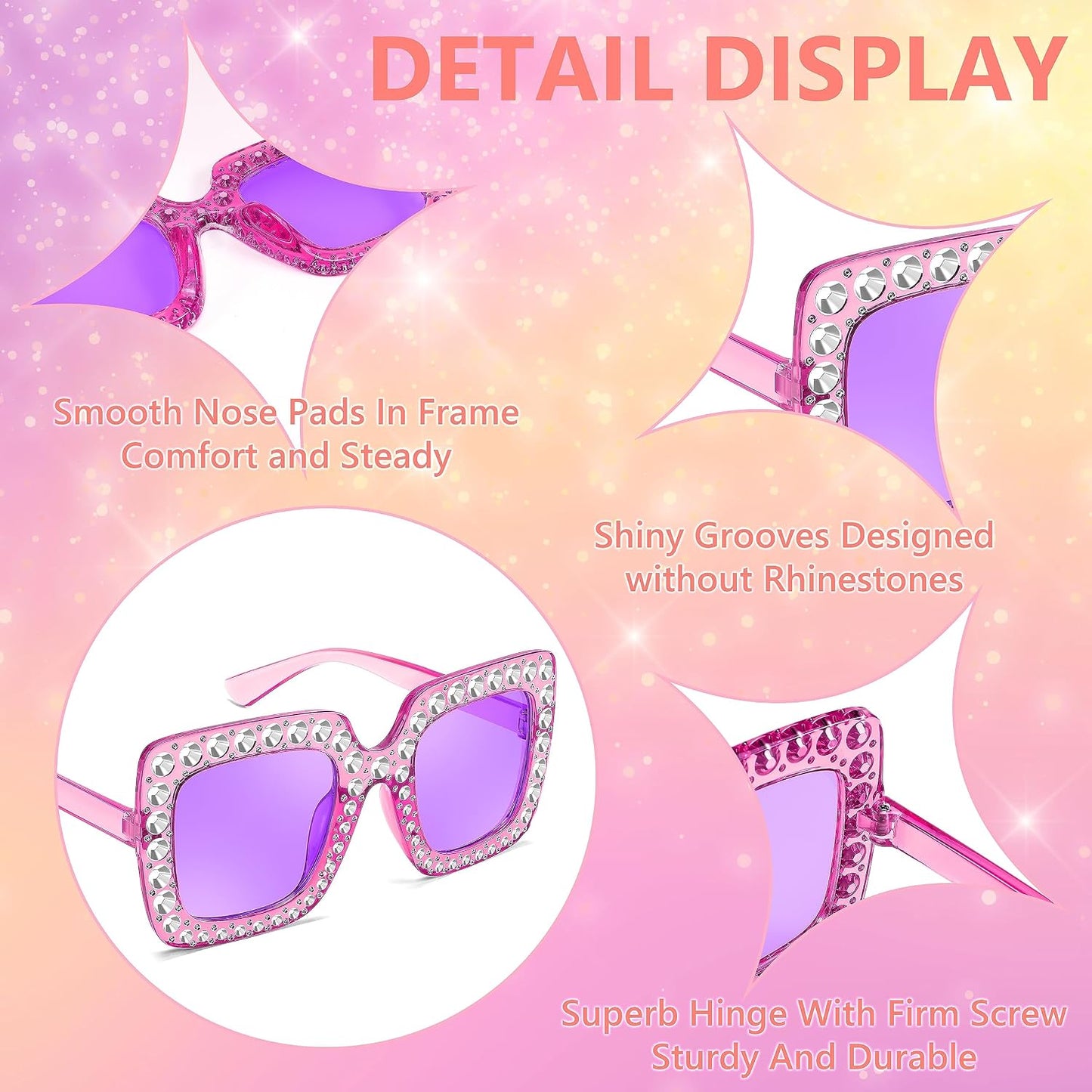 商品图片 11 | B0CFHLB4YT | FEISEDY Kids Sunglasses for Girls Oversized Square Sparkling Party Sun Glasses Lightweight Fashion Shades B0053