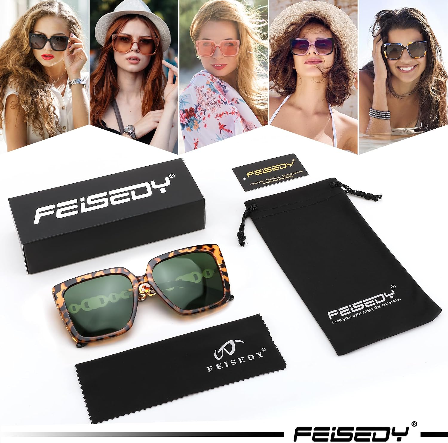 商品图片 113 | B08HVPGJW5 | FEISEDY Sunglasses Womens Trendy, Oversized Square Shades, Pearl Inlay Cat Eye Frame UV400 Protection B2625