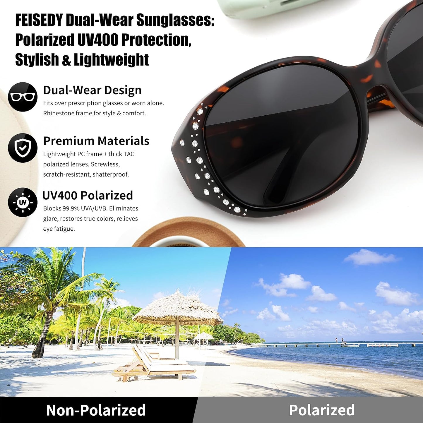 商品图片 41 | B0GRVLVZYS | FEISEDY Women's Polarized Wrap-Around Fit Over Sunglasses with Rhinestones, Anti-Glare Driving Sun Glasses B0362