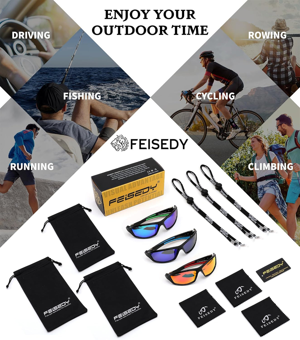 ÉÌƷͼƬ 49 | B0FG2NFPX3 | FEISEDY 3 Pack Polarized Sports Sunglasses for Men, Wrap Around Frame, UV400 Protection, Fishing Driving Cycling B2674