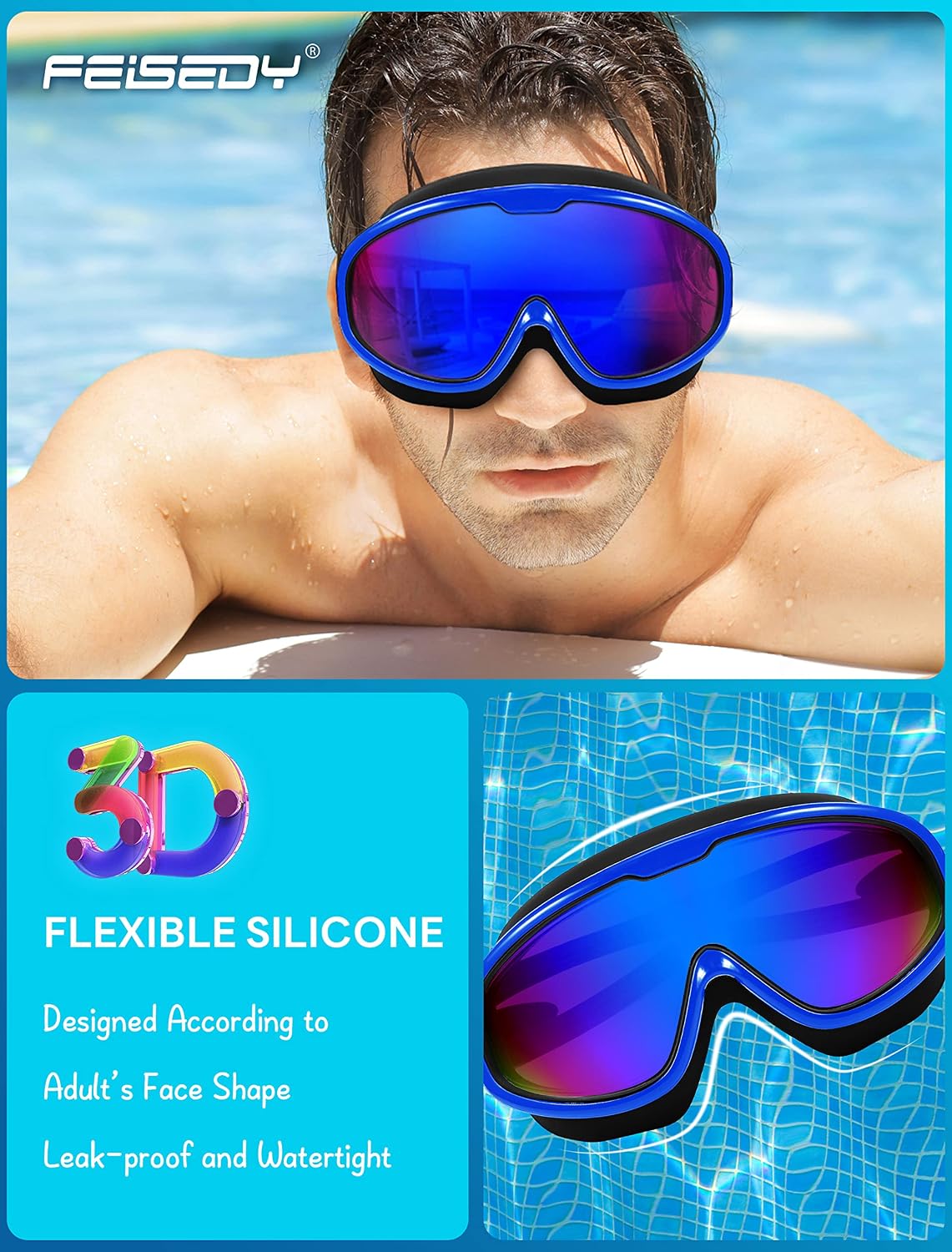 商品图片 8 | B0BWF3RZK7 | FEISEDY Swim Goggles No Leaking Anti-Fog Pool Goggles Swimming Goggles Adult Men Women Youth, 180° Clear Vision UV400 B2389