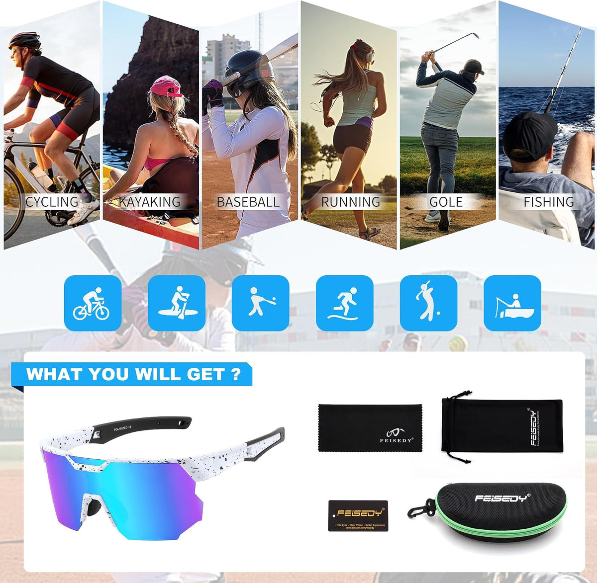ÉÌƷͼƬ 34 | B0DPX8G9RG | FEISEDY Polarized Sports Sunglasses for Men and Women,UV400 Baseball Sunglasses Youth Cycling Softball Goggles B0206