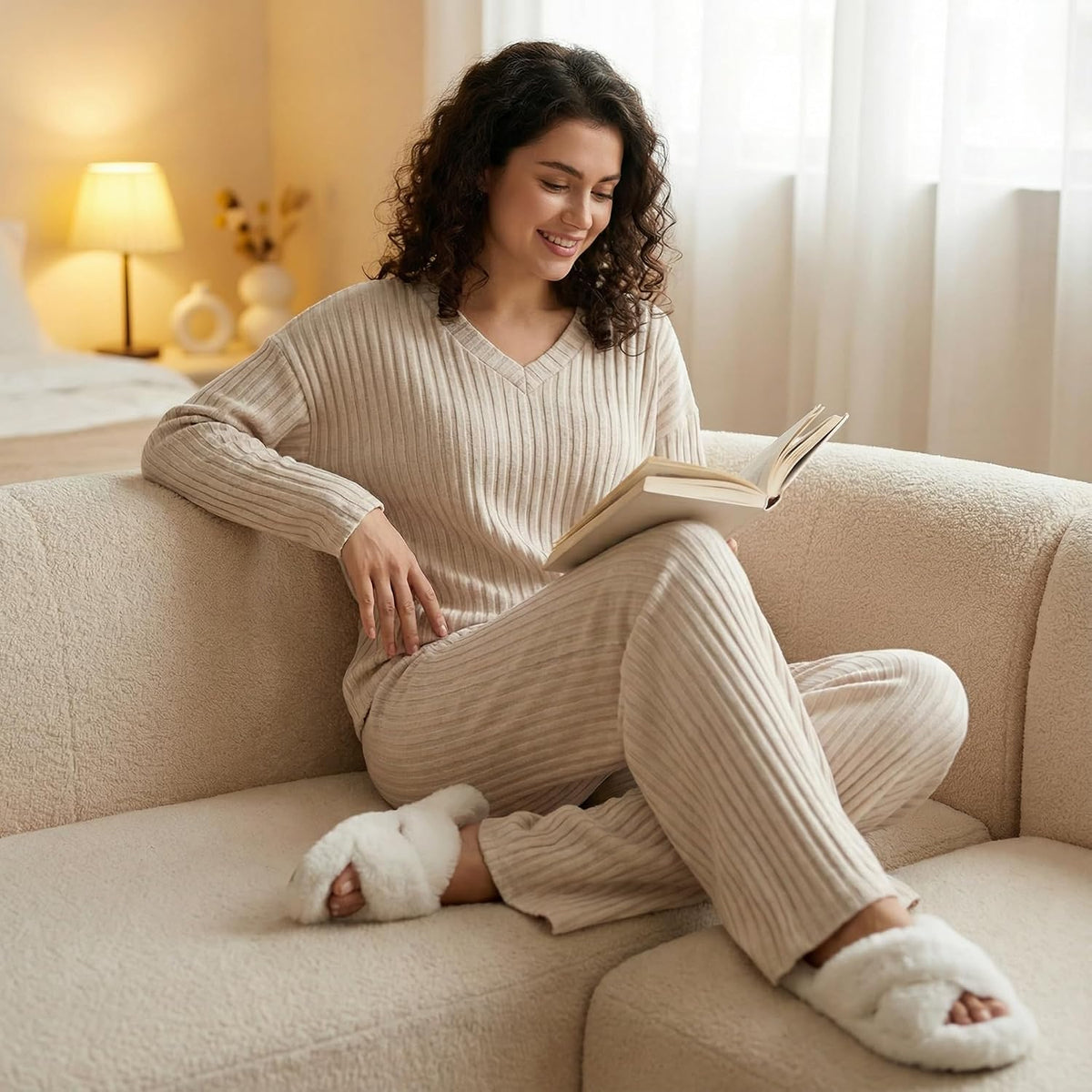 商品图片 2 | B0GR9MW1Q5 | Lounge Sets for Women, Winter Pajama Pajamas Fall Fashion Set with Rib-Knit V-Neck Long Sleeve & Straight Leg Pants, 2 Piece