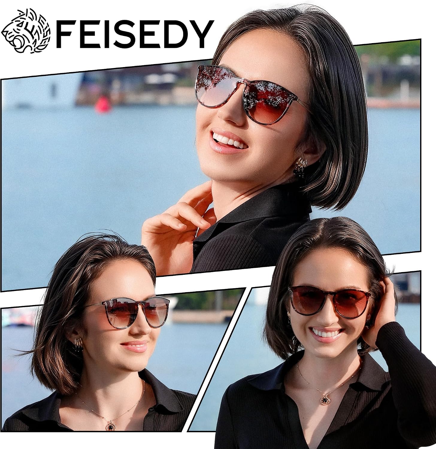 商品图片 36 | B0DGCPG41T | FEISEDY Sunglasses for Women Men Retro Round Cateye Designer Cute Mirrored UV Protection Lens B0210