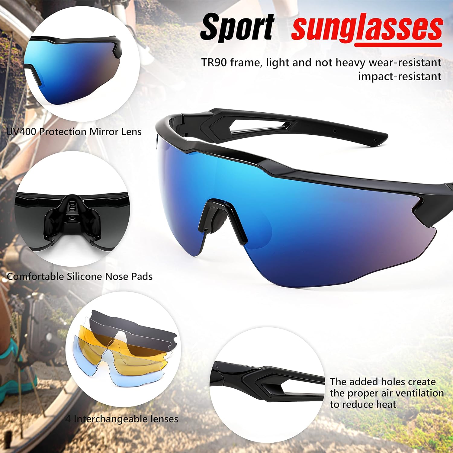 商品图片 17 | B0B2WDLNDM | FEISEDY Sports Sunglasses, with 5 Lenses for Men Women, TR90 Lightweight, Baseball Cycling Motorcycle Running Golf B2940