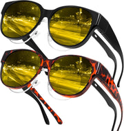Yellow Leopard Frame + Black Frame / 55 Millimeters | B0FX4R737C | FEISEDY 2Pack Night Driving Glasses Over Glasses with Yellow Lenses Fit Over Polarized Nighttime Sunglasses B0331