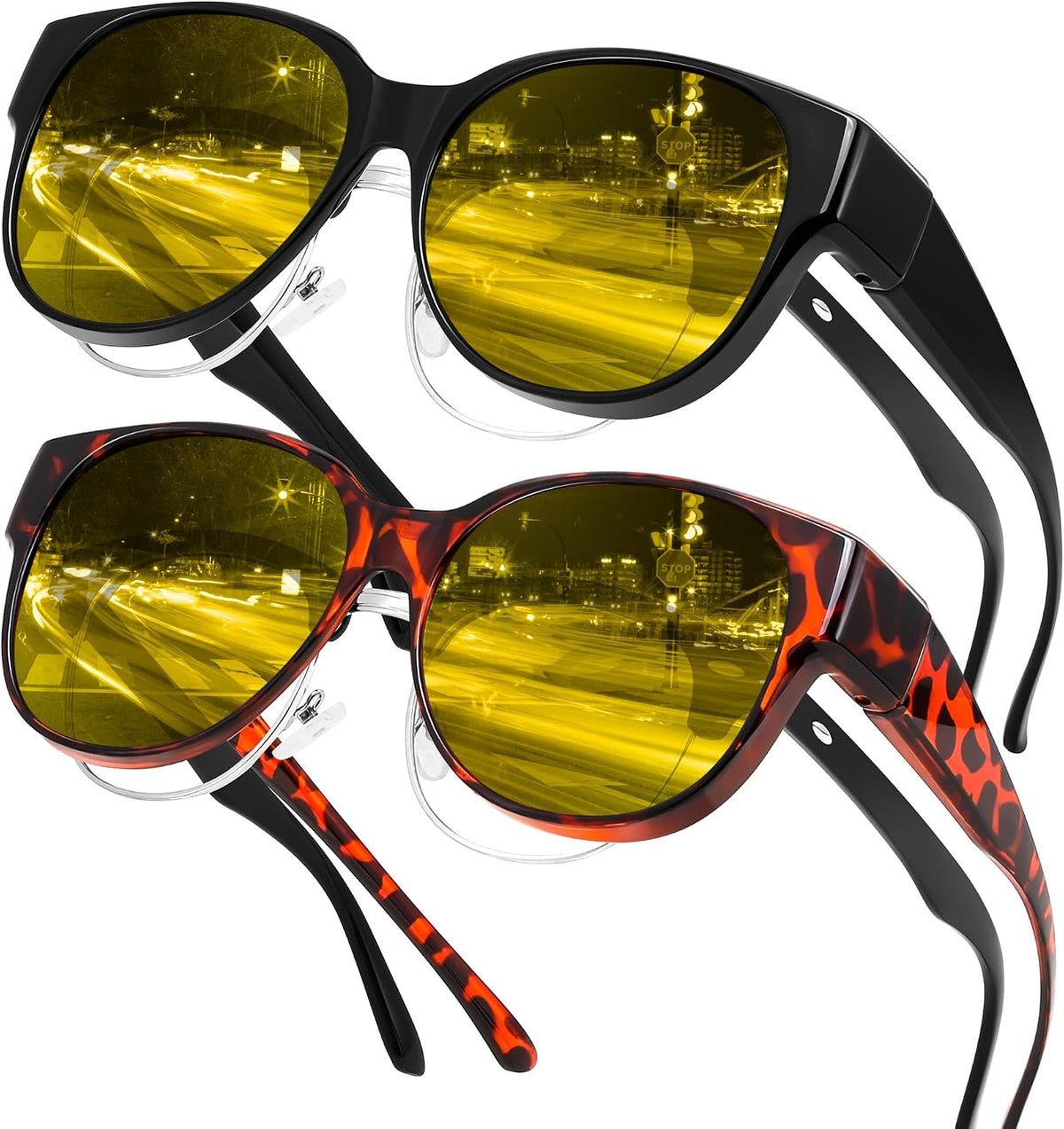 Yellow Leopard Frame + Black Frame / 55 Millimeters | B0FX4R737C | FEISEDY 2Pack Night Driving Glasses Over Glasses with Yellow Lenses Fit Over Polarized Nighttime Sunglasses B0331