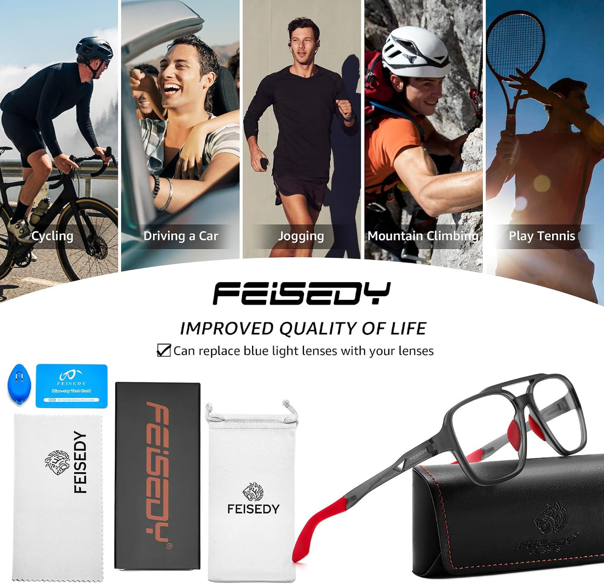 ÉÌƷͼƬ 24 | B0DR831C71 | FEISEDY Sports Blue Light Glasses for Men Lightweight Anti Slip Running Cycling Square Glasses Computer Eyeglasses B0156