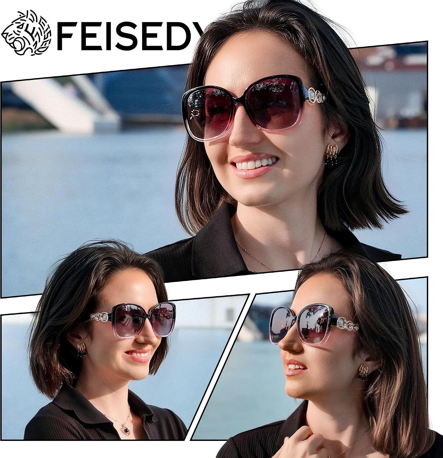 商品图片 53 | B0BJ71VZCB | FEISEDY Women's Fashion Sunglasses, Oversized Square Frame with Pearl Sparkling, Polarized UV Protection B2821