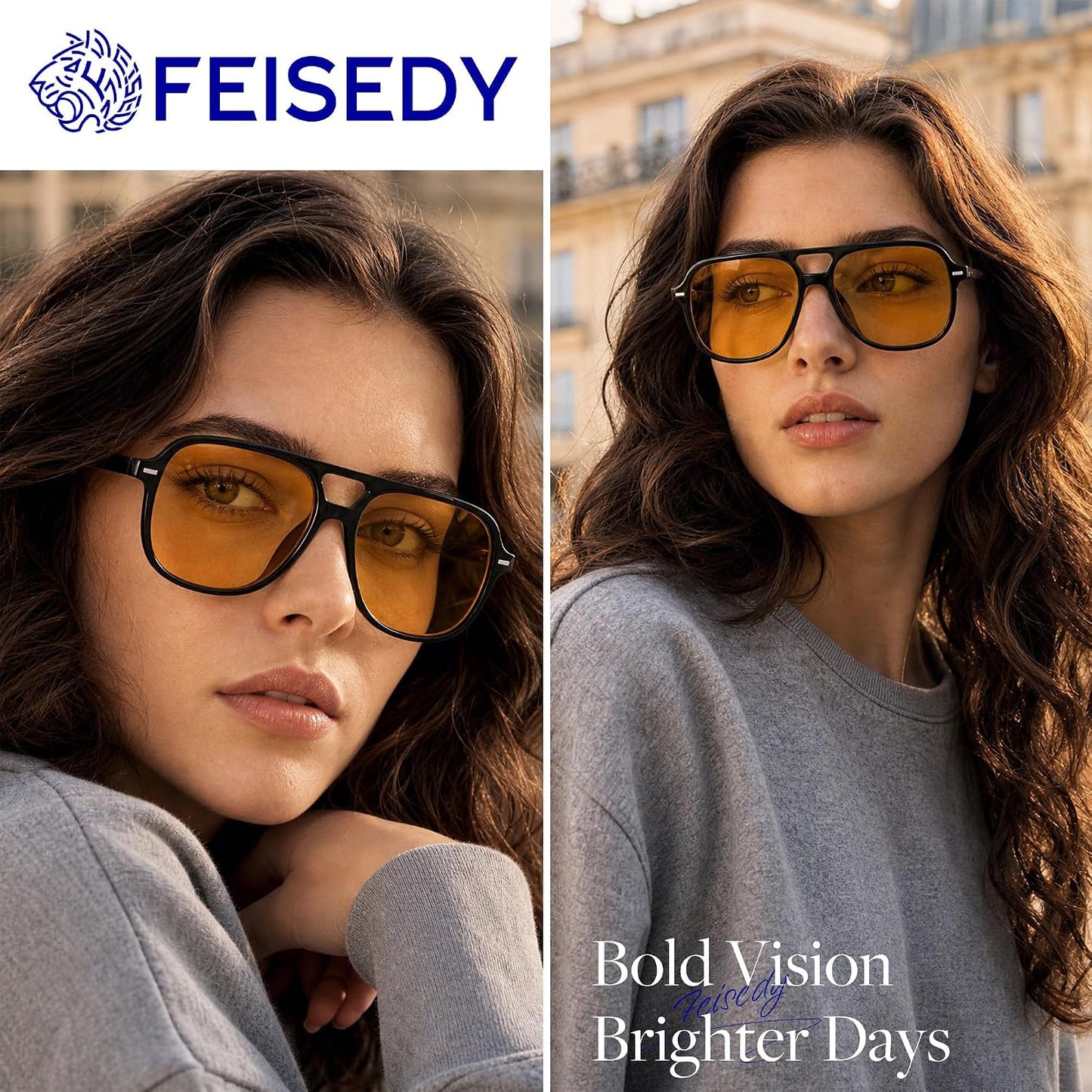 商品图片 44 | B0H1WCGC42 | FEISEDY Retro Square Aviator Sunglasses Women Men Double Bridge B0443