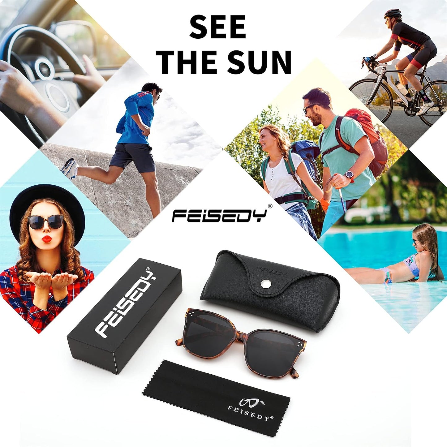 商品图片 63 | B0871BKMTN | FEISEDY Oversized Polarized Sunglasses - UV400 Protection, Square Fashion Sun Glasses for Outdoor & Daily B2600